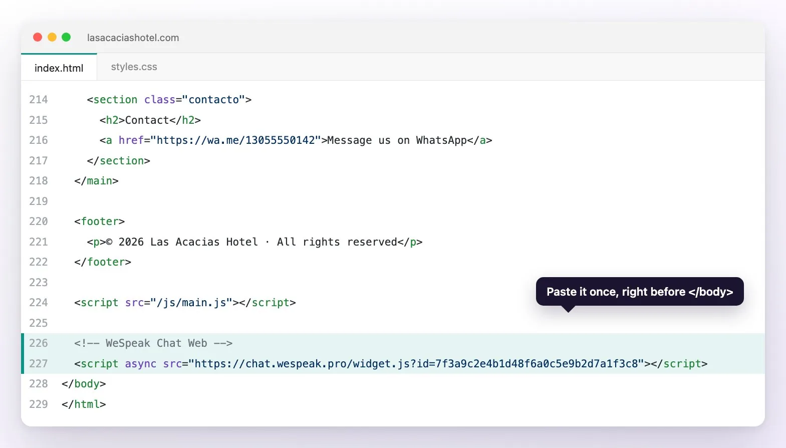 The end of a hotel website's HTML in a code editor, with the Chat Web code highlighted on the line before </body>