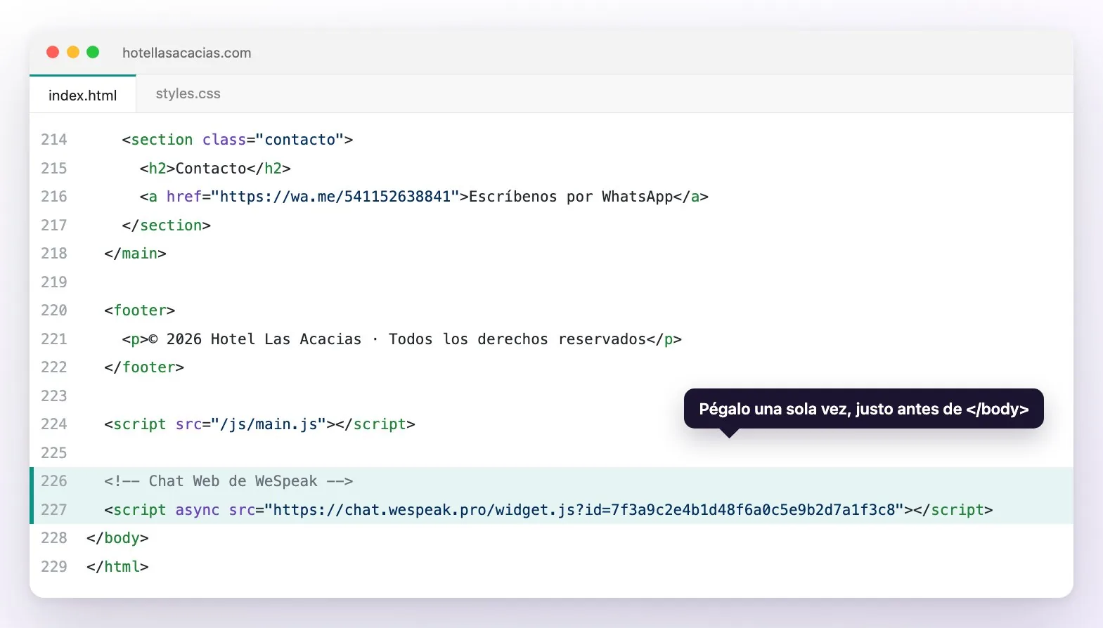El final del HTML de la web de un hotel en un editor de código, con el código del Chat Web resaltado en la línea anterior a </body>