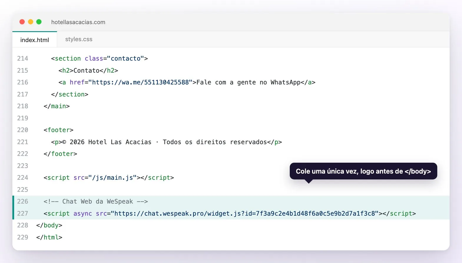 O final do HTML do site de um hotel num editor de código, com o código do Chat Web destacado na linha anterior a </body>