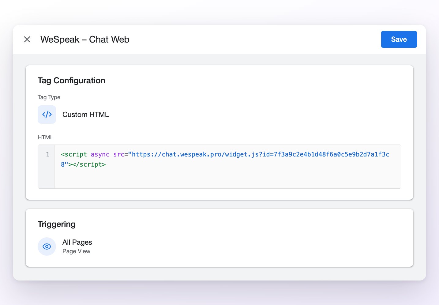 The Google Tag Manager tag editor with a Custom HTML tag containing the Chat Web code and triggering on All Pages