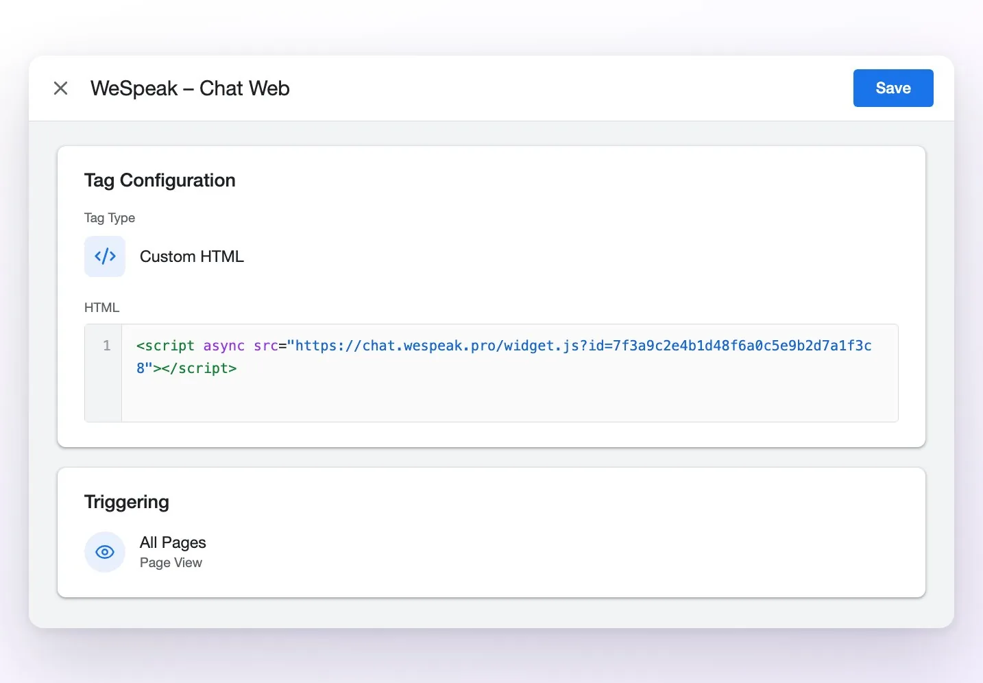 The Google Tag Manager tag editor with a Custom HTML tag containing the Chat Web code and triggering on All Pages