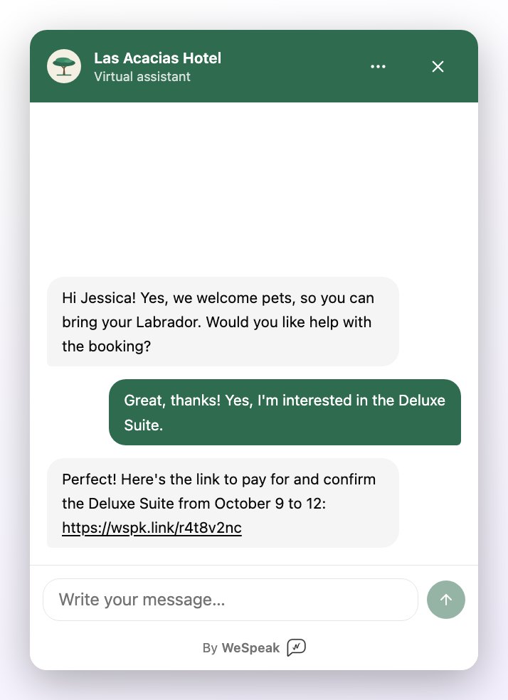 Chat Web open: someone on the team replies to the visitor and sends her the payment link for the Deluxe Suite, shown as a link she can tap