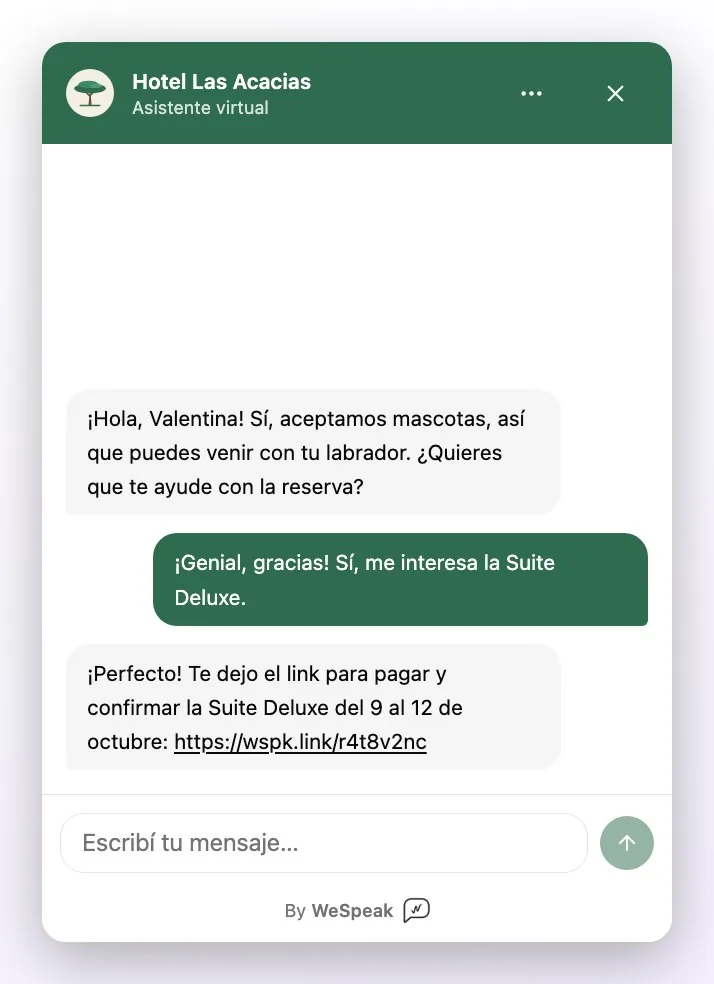 El Chat Web abierto: una persona del equipo responde a la visitante y le envía el link de pago de la Suite Deluxe, que se ve como un link para tocar