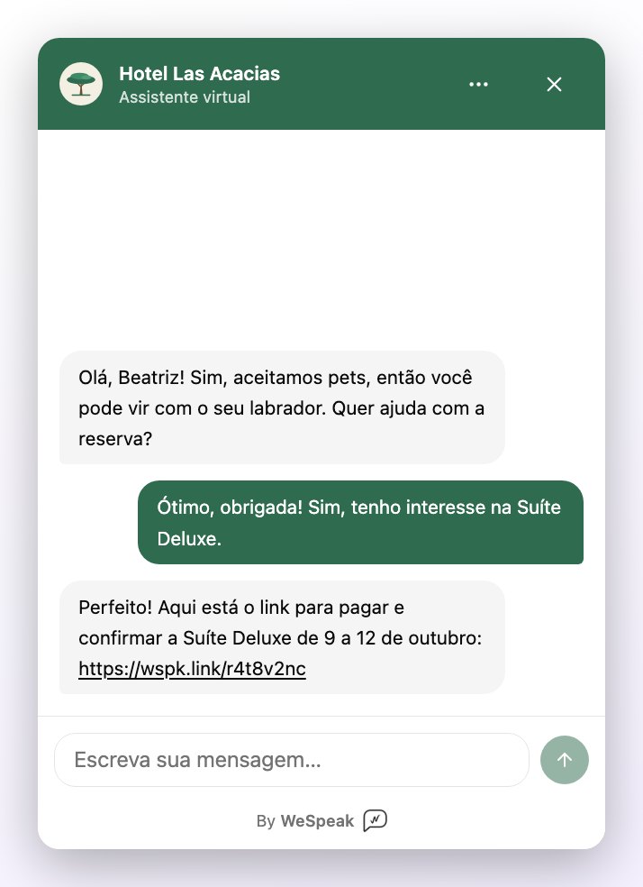 O Chat Web aberto: uma pessoa da equipe responde à visitante e envia o link de pagamento da Suíte Deluxe, que aparece como um link para tocar