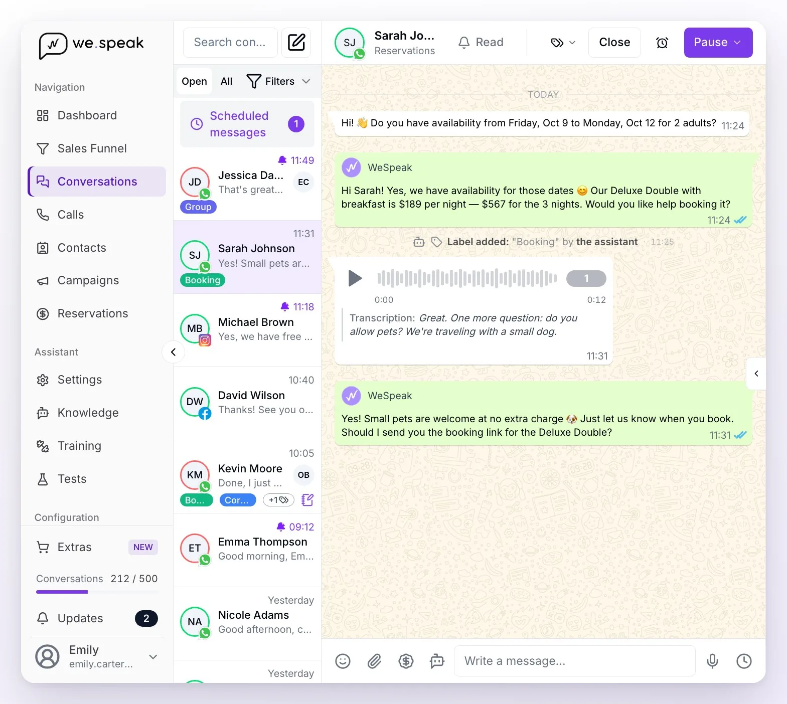 The Conversations section: the side menu with Conversations highlighted, the list with the search box, the Open, All, and Filters buttons, Scheduled messages, and the conversations with their channel, their labels, and the assigned person, and on the right the open conversation with the compose box