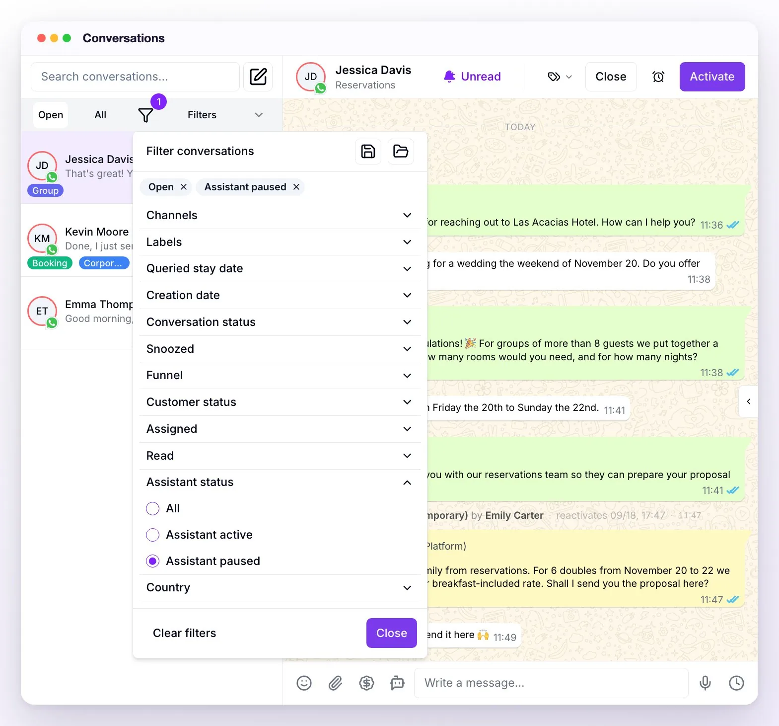 The Filter conversations panel open over the list: the buttons to save and load filters, the active filters Open and Assistant paused, the list of filters, and Assistant status expanded with Assistant paused selected