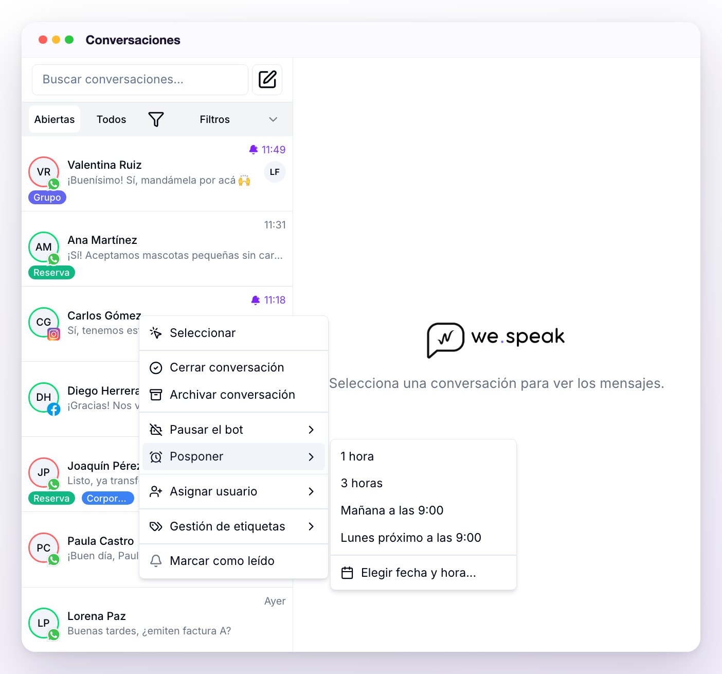 El menú de clic derecho sobre una conversación de la lista, con Posponer desplegado: 1 hora, 3 horas, Mañana a las 9:00, Lunes próximo a las 9:00 y Elegir fecha y hora