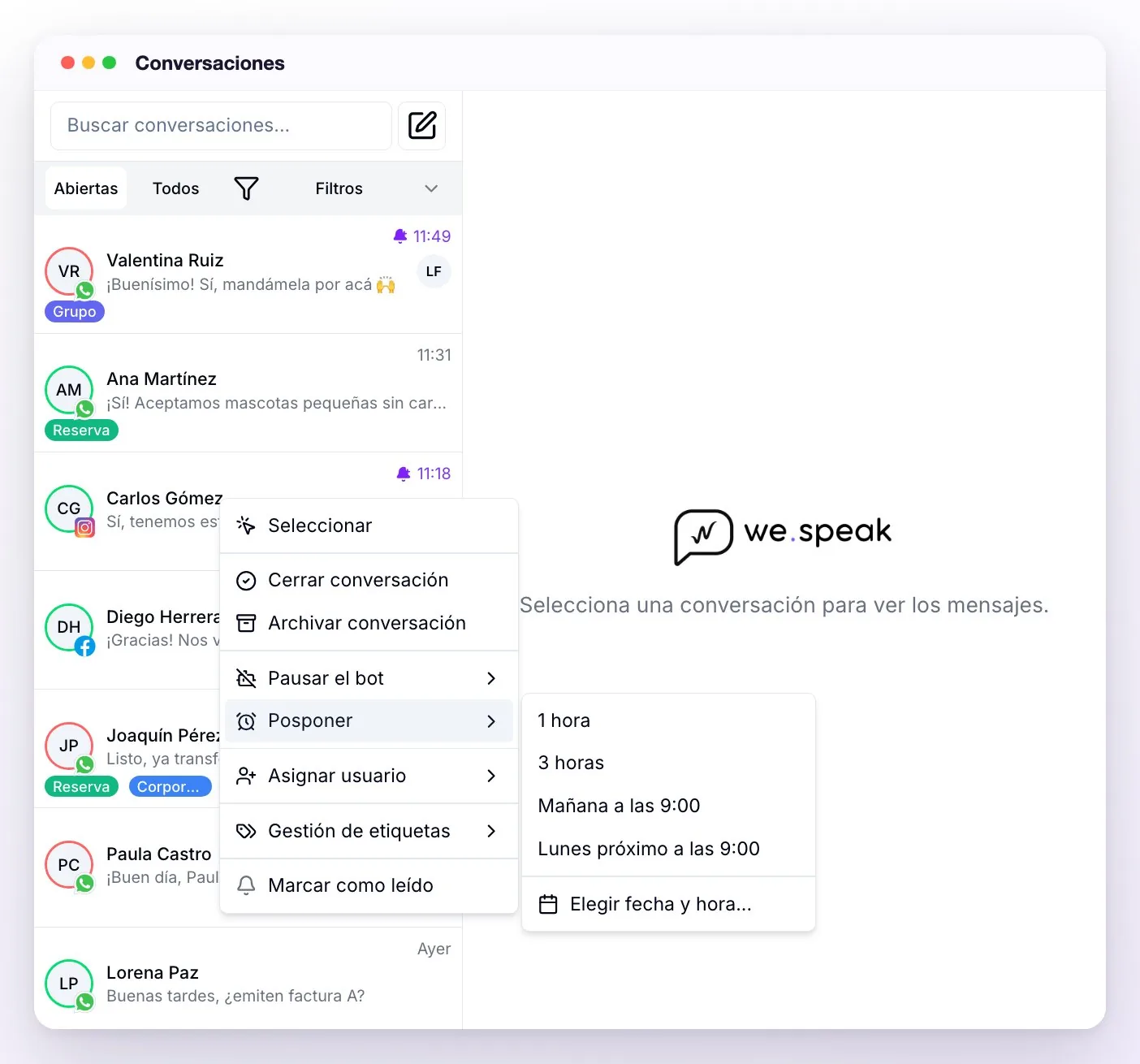 El menú de clic derecho sobre una conversación de la lista, con Posponer desplegado: 1 hora, 3 horas, Mañana a las 9:00, Lunes próximo a las 9:00 y Elegir fecha y hora
