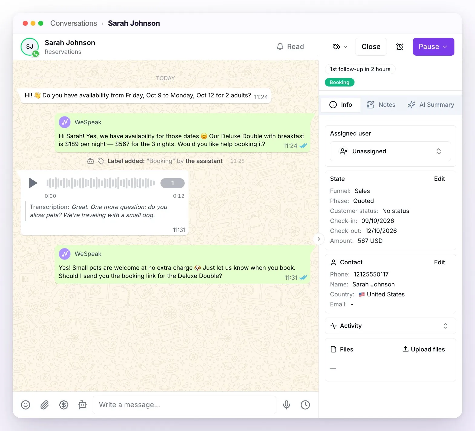 An open conversation: the header with Read, labels, Close, snooze, and Pause; the guest's messages in white and the assistant's in green, a voice note with its transcription, the label activity line and, on the right, the contact panel on the Info tab