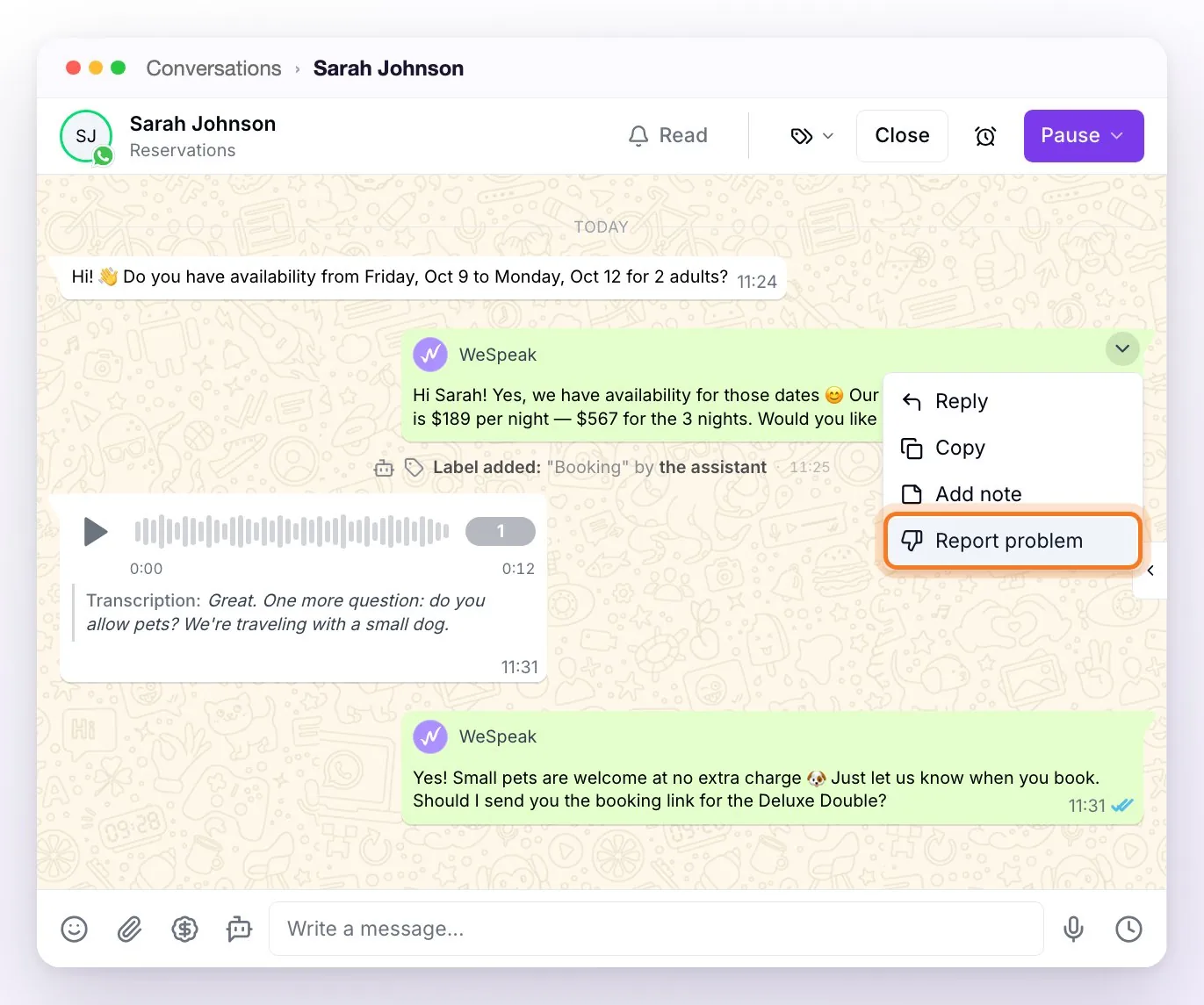 The menu of an assistant reply, opened from the little arrow in the message's corner, with Reply, Copy, Add note, and Report problem highlighted