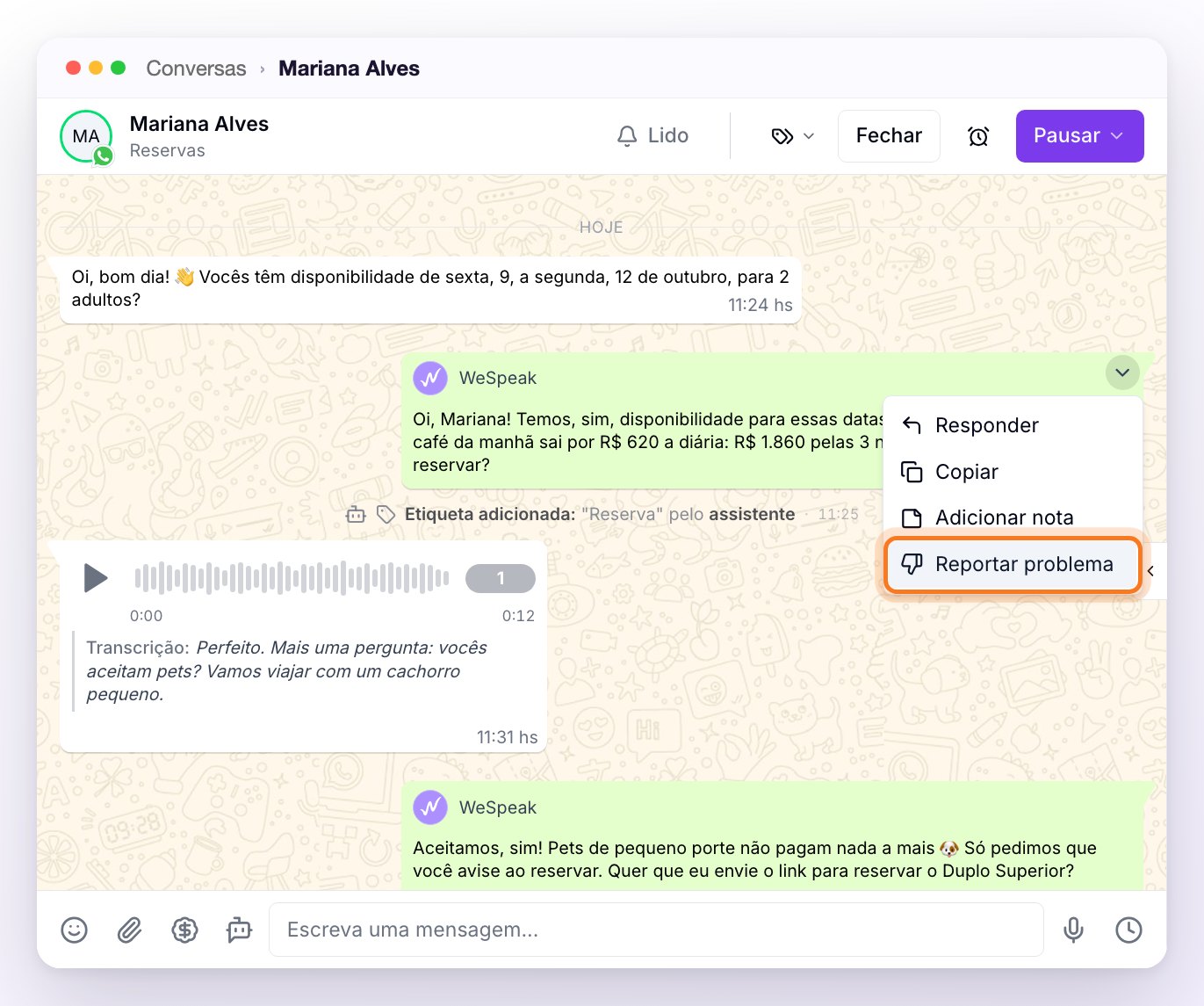 O menu de uma resposta do assistente, aberto pela setinha do canto da mensagem, com Responder, Copiar, Adicionar nota e Reportar problema destacado