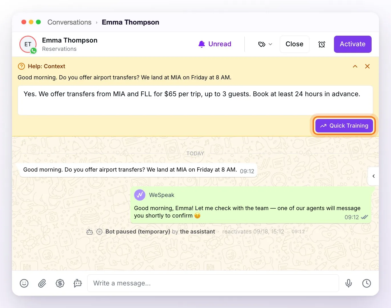 A conversation where the assistant stopped: the Help: Context notice with the guest's question, the answer written in the box, and the Quick Training button highlighted