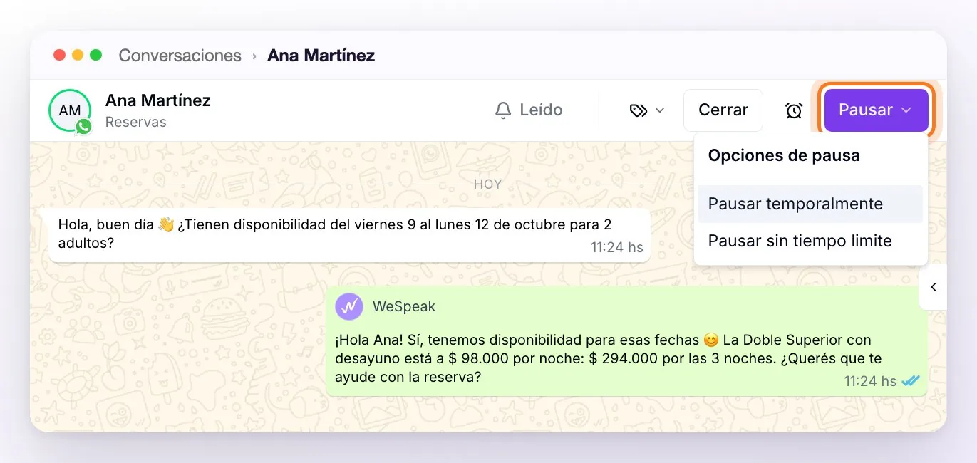 El encabezado de una conversación con el menú del botón Pausar abierto: Opciones de pausa, Pausar temporalmente y Pausar sin tiempo límite