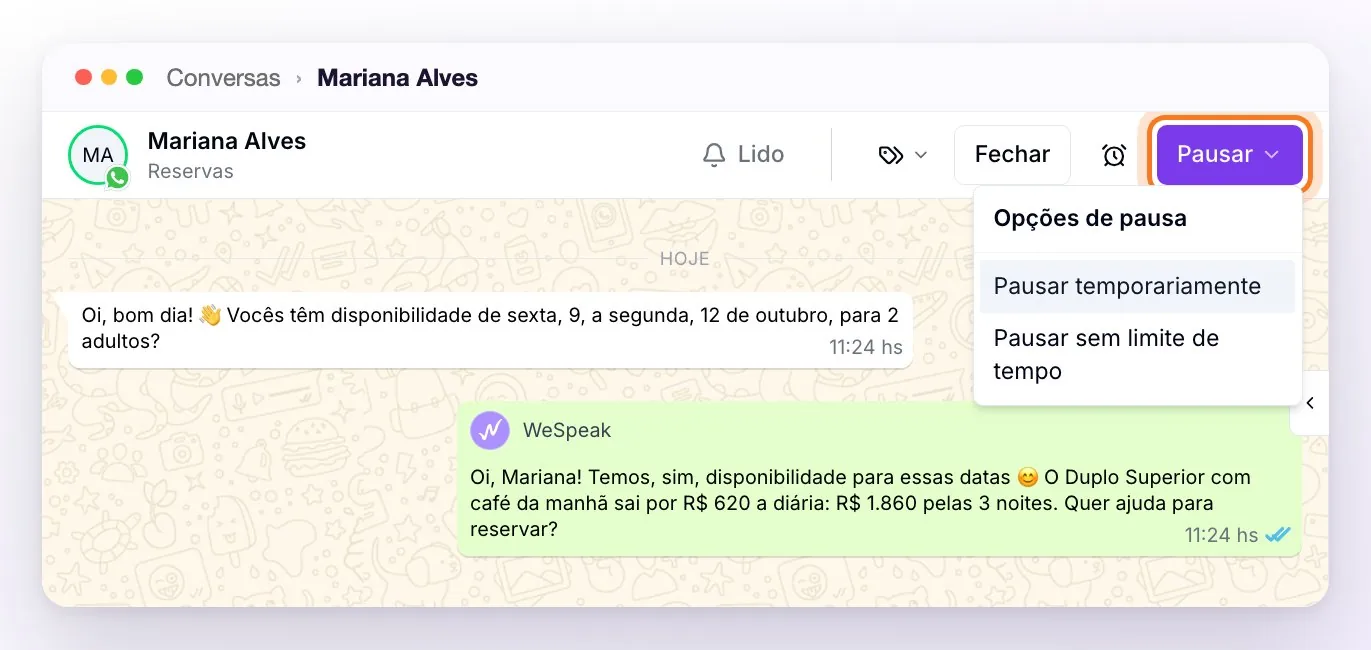 O cabeçalho de uma conversa com o menu do botão Pausar aberto: Opções de pausa, Pausar temporariamente e Pausar sem limite de tempo
