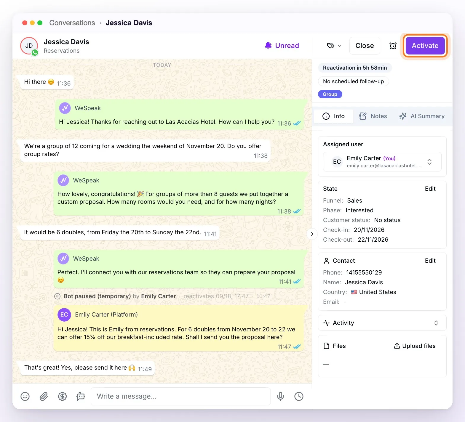 A conversation taken over by a team member: the Bot paused (temporary) line with the time it reactivates, their message in yellow with the name and (Platform), the Activate button highlighted and, in the contact panel, Reactivation in 5h 58min and the assigned user