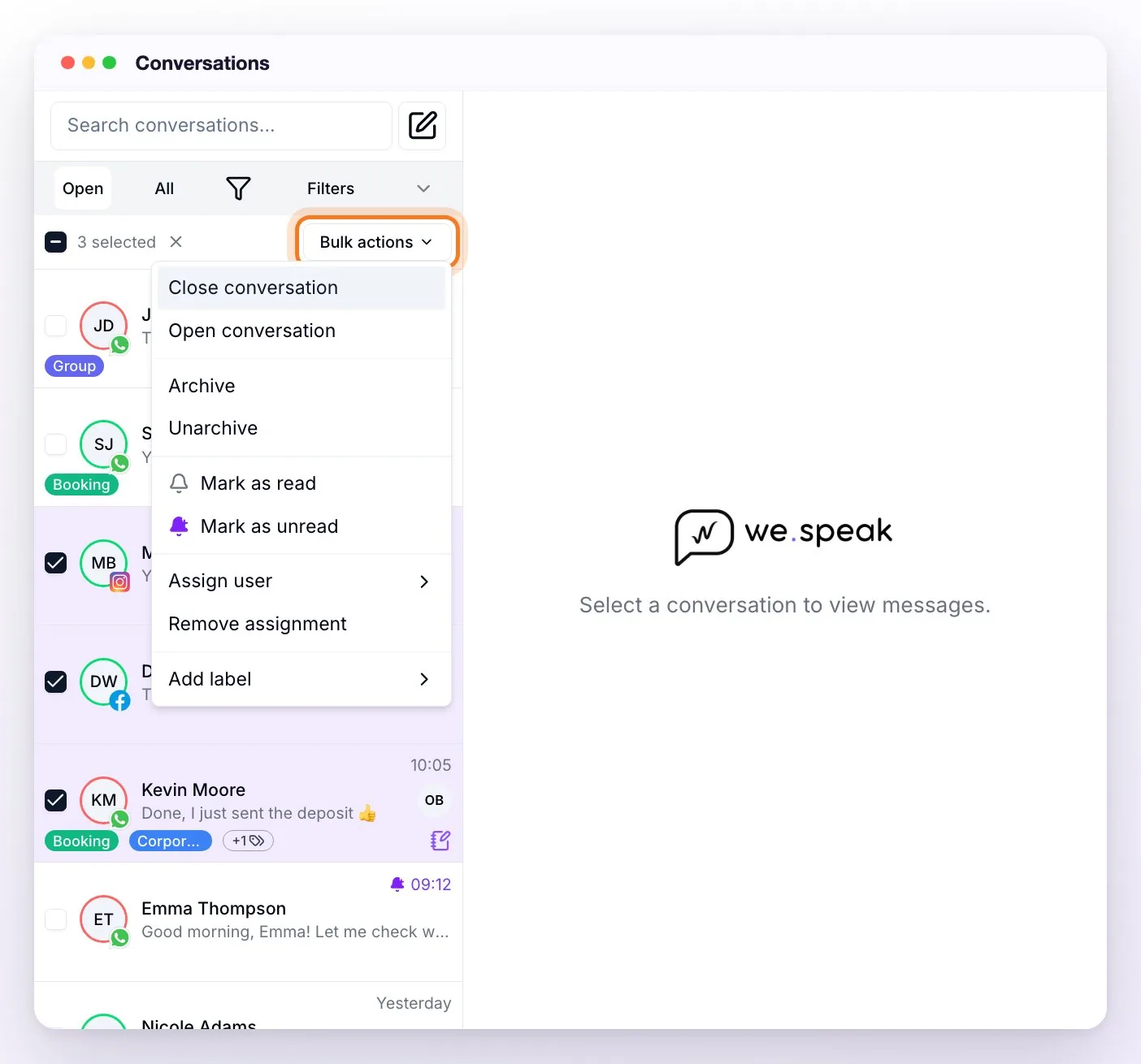 The list in multi-select with three conversations checked and the Bulk actions menu open: Close conversation, Open conversation, Archive, Unarchive, Mark as read, Mark as unread, Assign user, Remove assignment, and Add label
