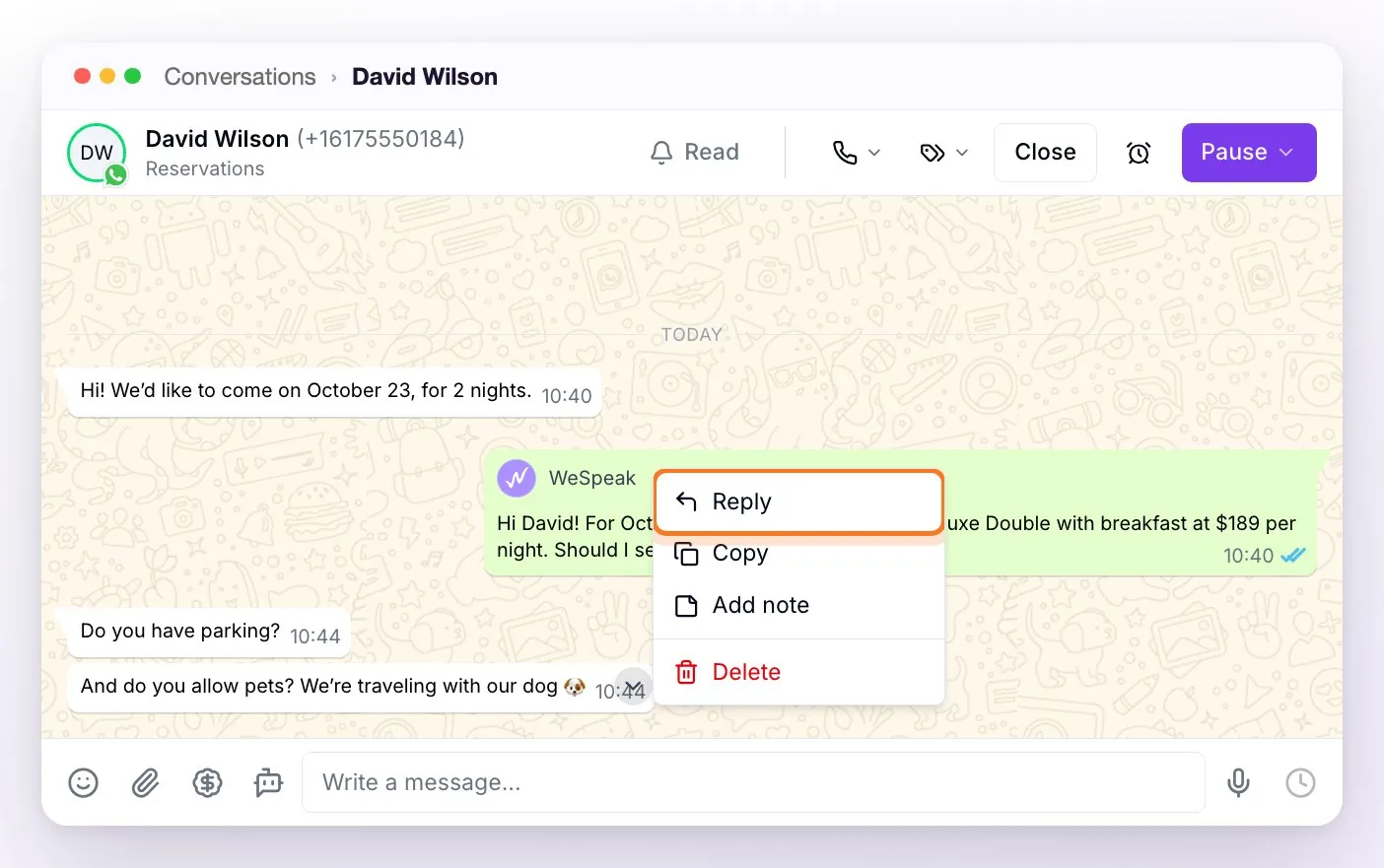 A WhatsApp API conversation with the menu open on the guest's last message: Reply, Copy, Add note and Delete