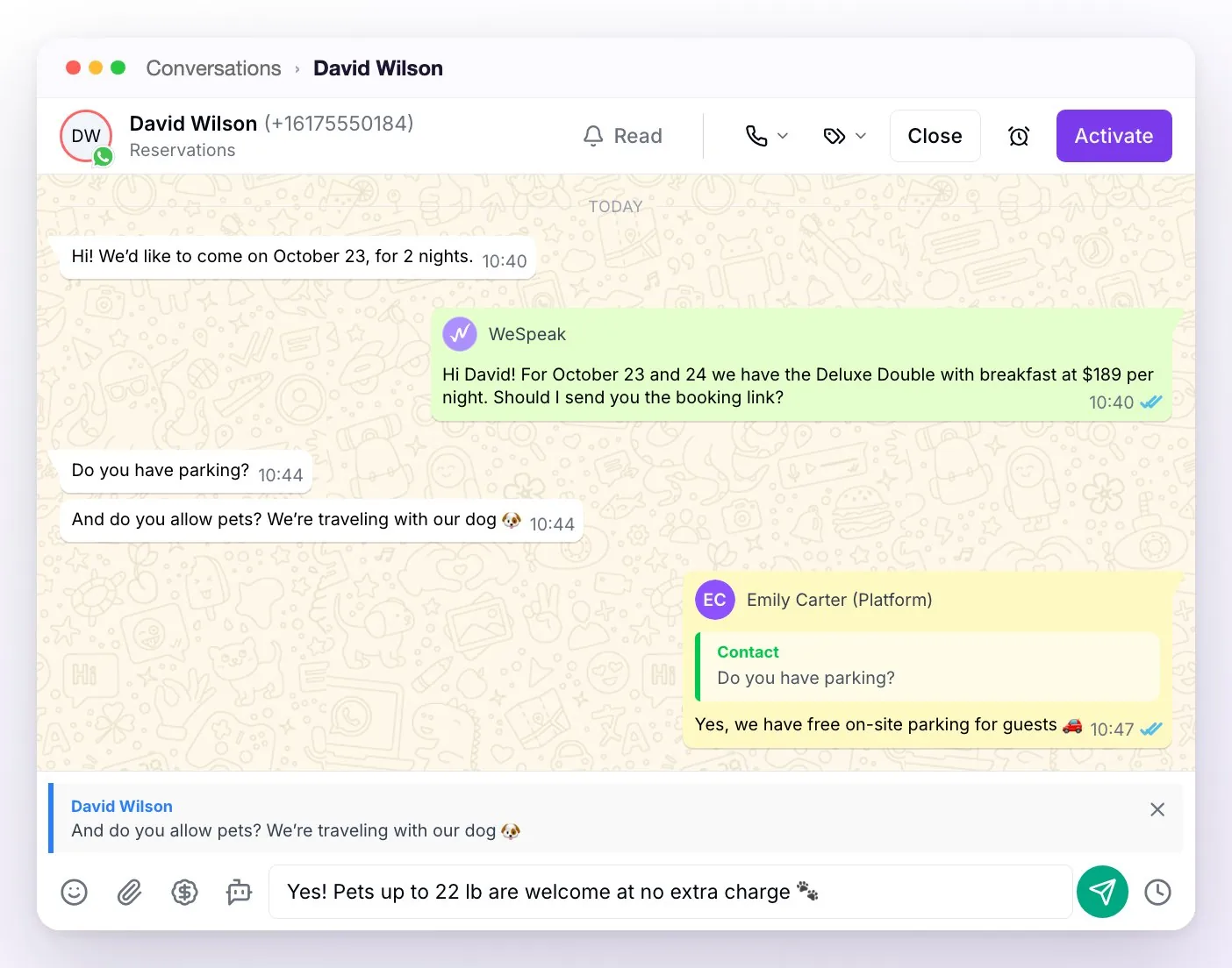 A reply already sent with the guest's quoted message inside and, above the compose box, another quote being prepared with the guest's name, their message and the ✕ to cancel it