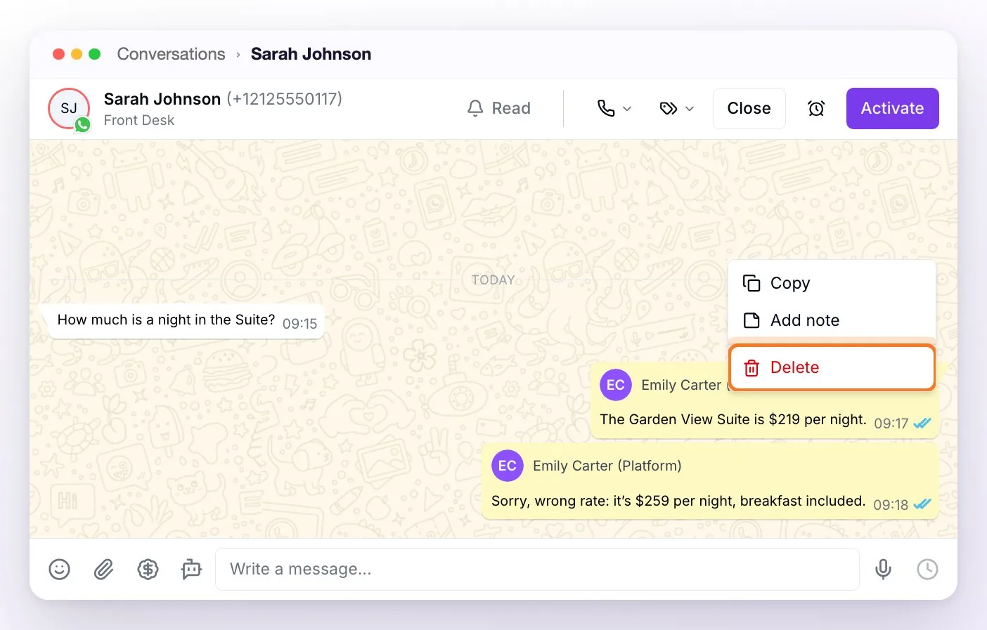 A WhatsApp QR conversation with the menu open on a message sent from the panel: Copy, Add note and Delete, without the Reply option