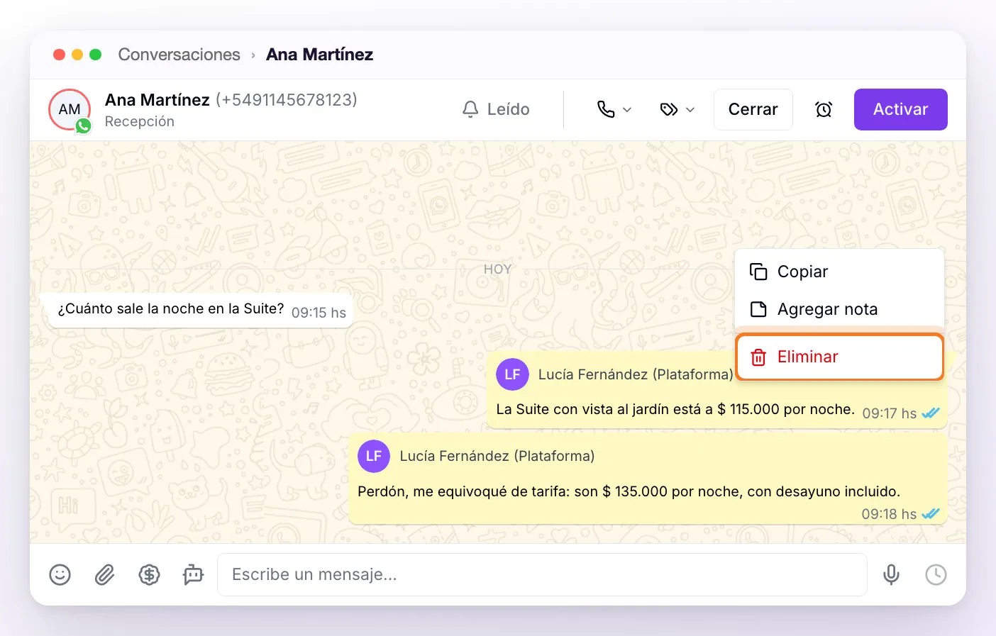 Una conversación de WhatsApp QR con el menú abierto sobre un mensaje enviado desde el panel: Copiar, Agregar nota y Eliminar, sin la opción Responder