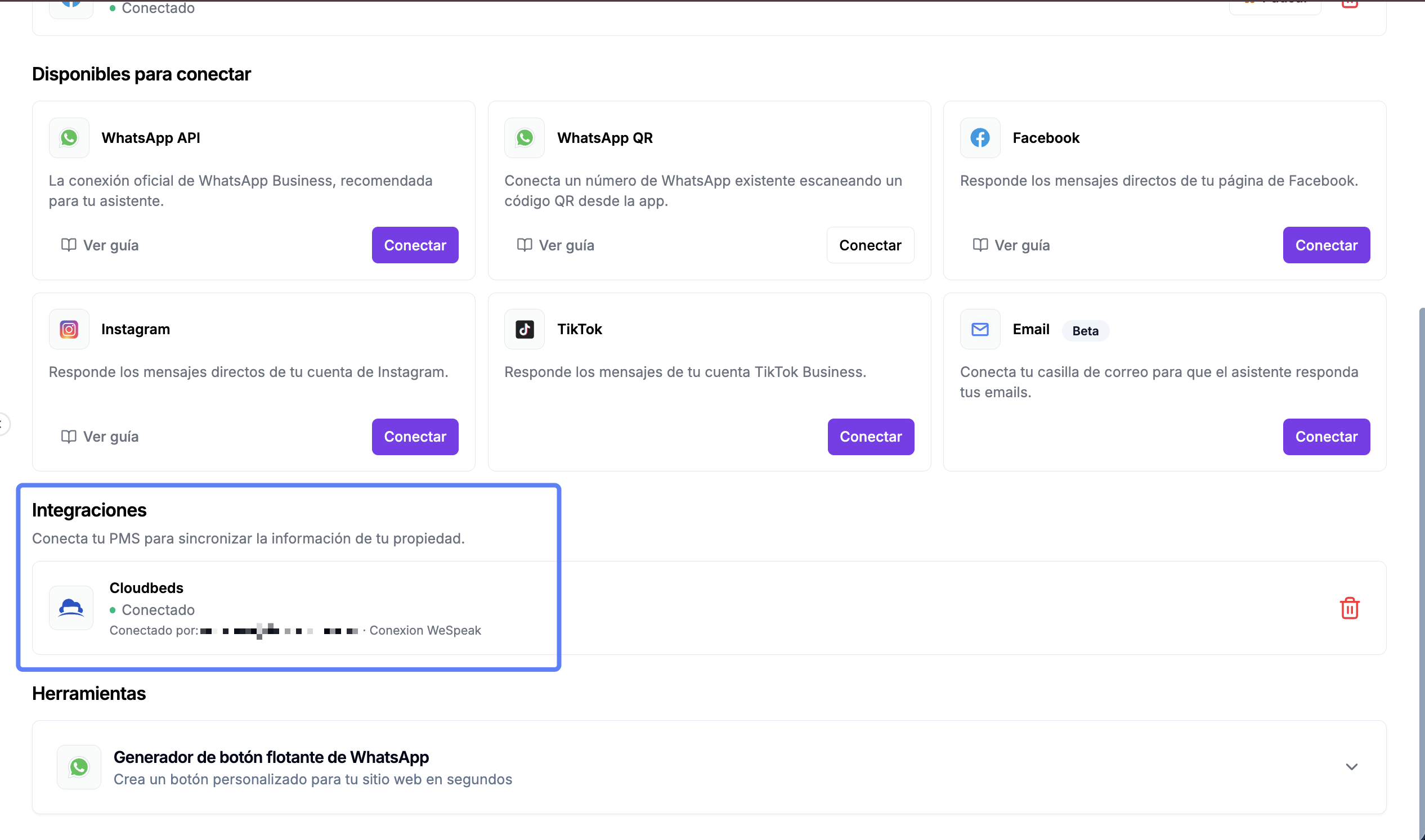 Sección Integraciones con la tarjeta de Cloudbeds, en la pantalla de Canales de WeSpeak