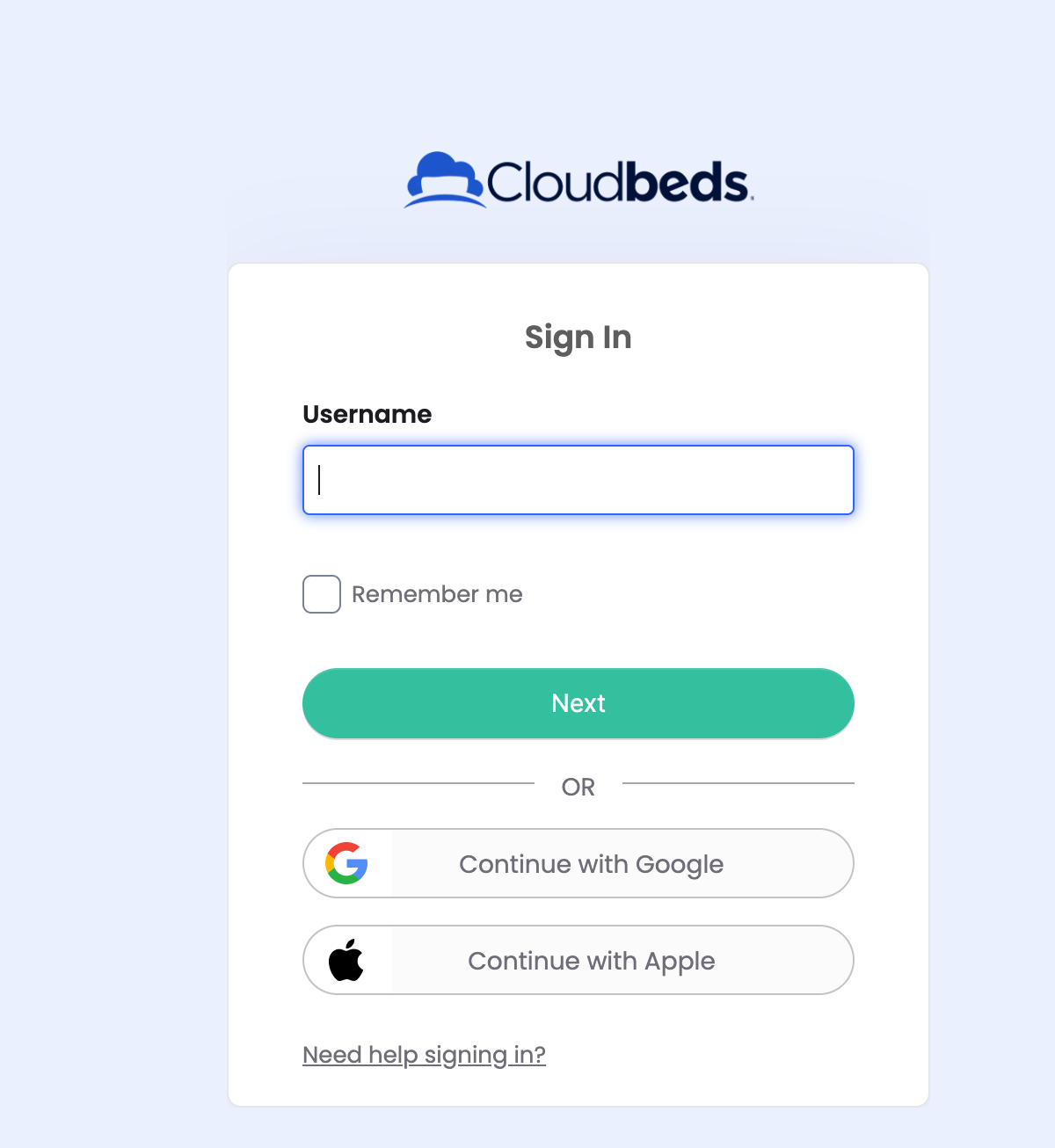 Pantalla de inicio de sesión de Cloudbeds