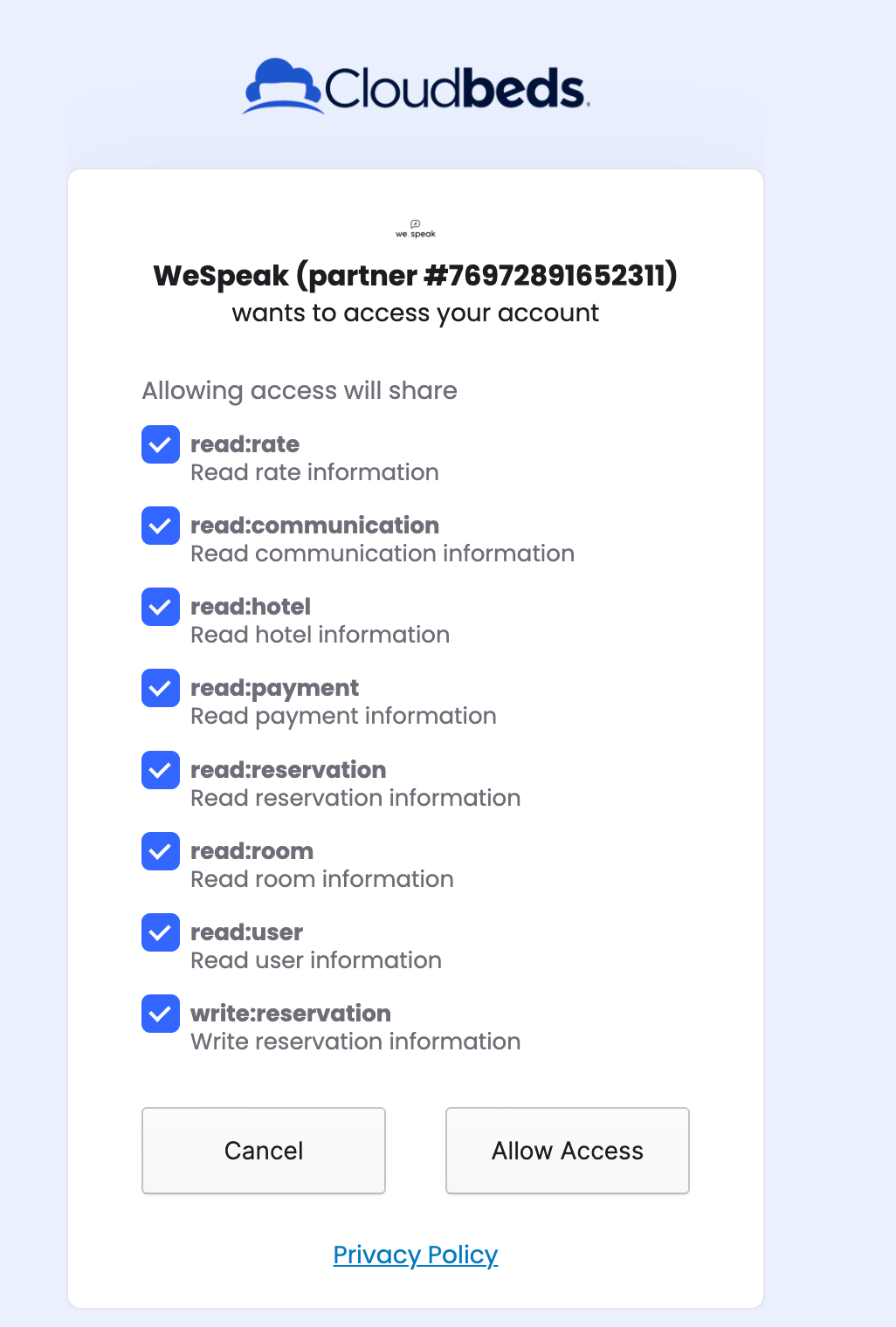 Pantalla de permisos de Cloudbeds autorizando el acceso de WeSpeak