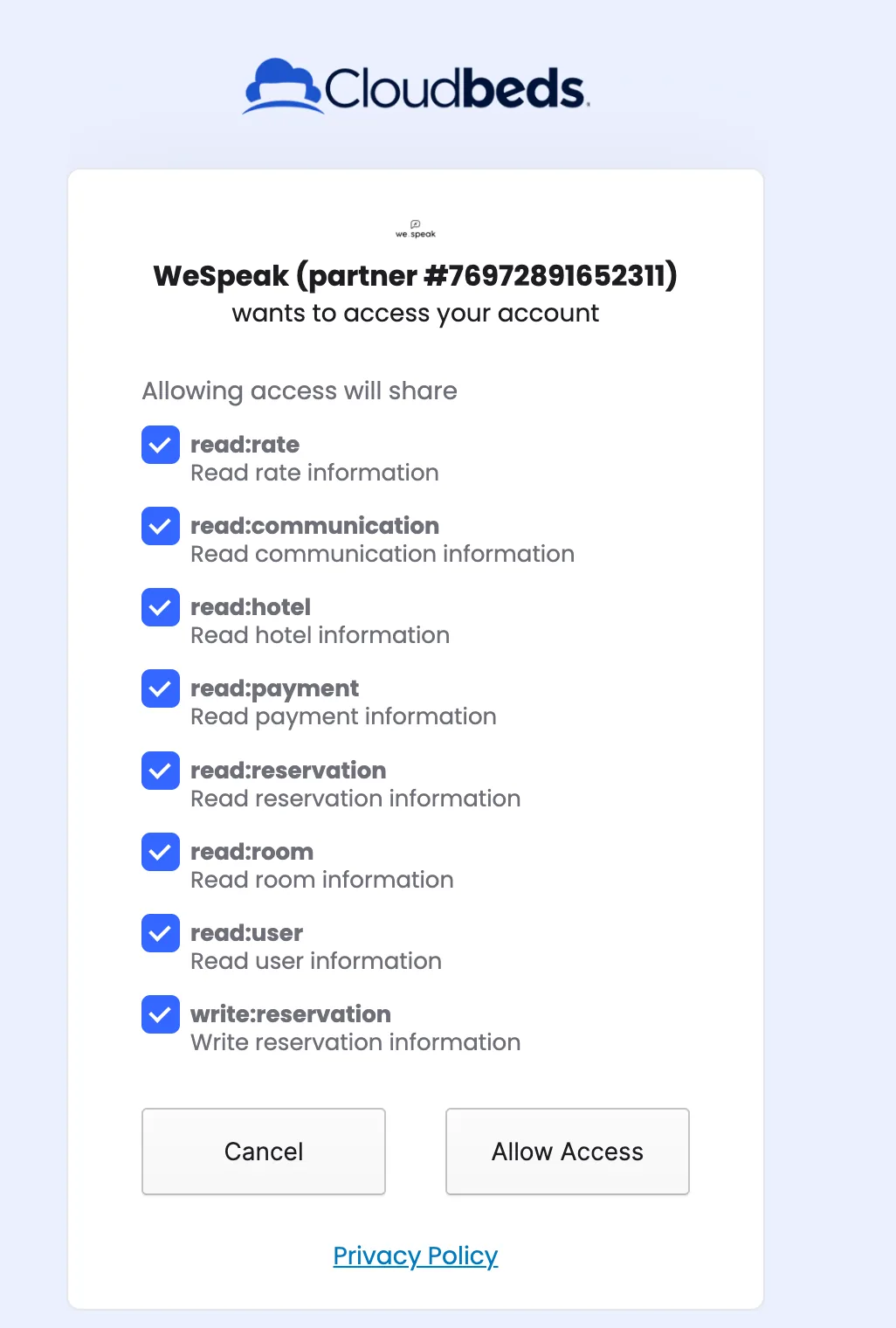 Pantalla de permisos de Cloudbeds autorizando el acceso de WeSpeak