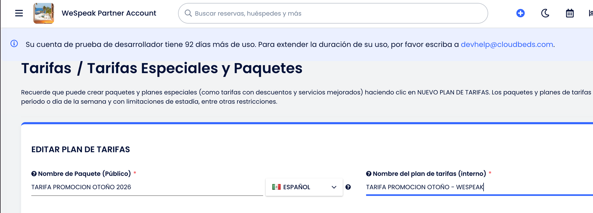 Campo Nombre del plan de tarifas (interno) en Cloudbeds con el sufijo WeSpeak