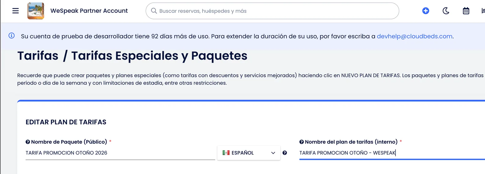 Campo Nombre del plan de tarifas (interno) en Cloudbeds con el sufijo WeSpeak