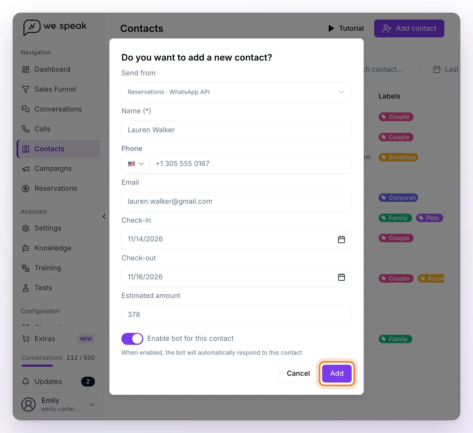 The Do you want to add a new contact? window filled in: Send from, name, phone number with the country flag, email, check-in and check-out dates, estimated amount and the Enable bot for this contact toggle