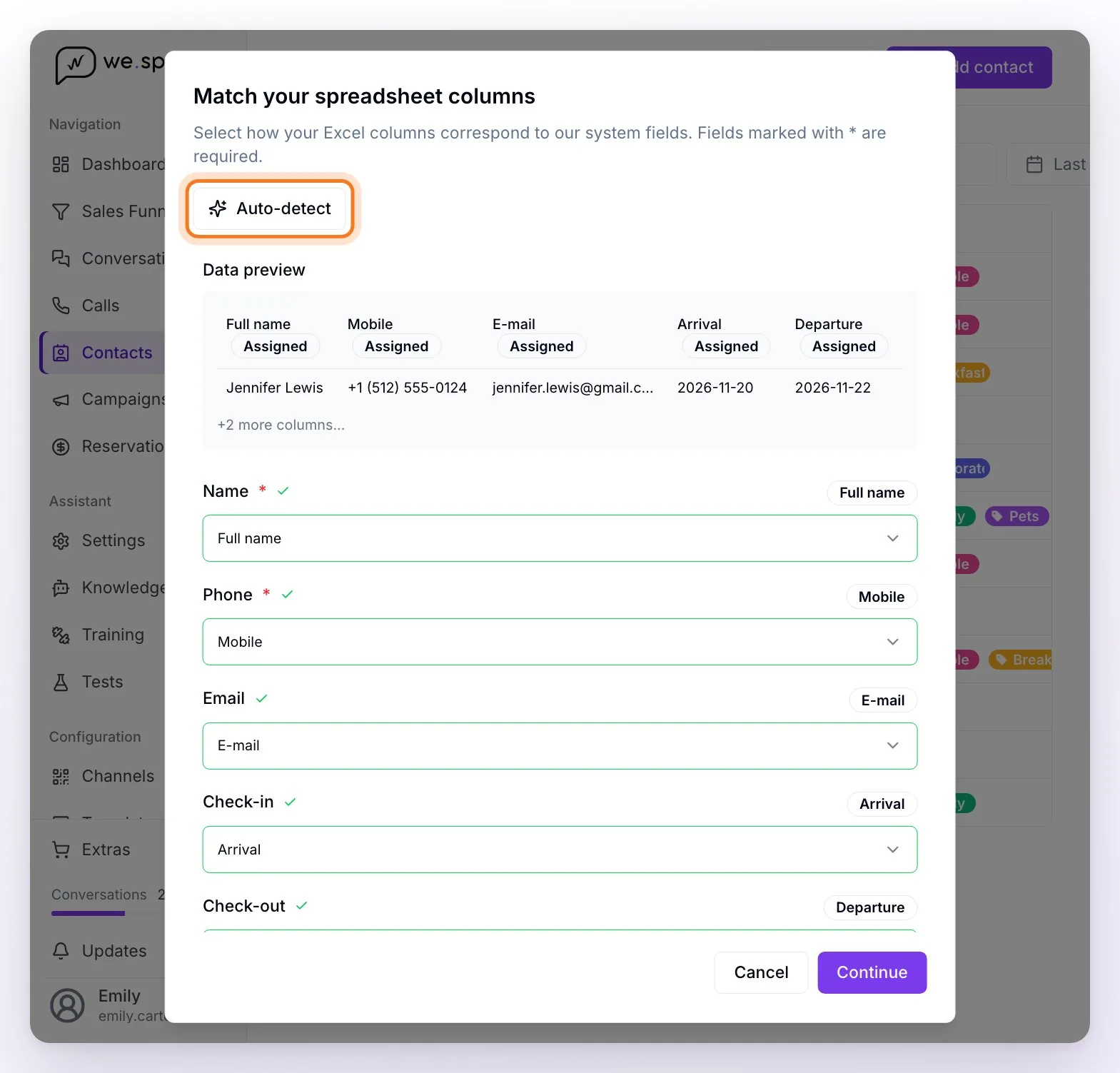 The Match your spreadsheet columns window after Auto-detect: the data preview with the assigned columns and each WeSpeak field with the file column that goes with it