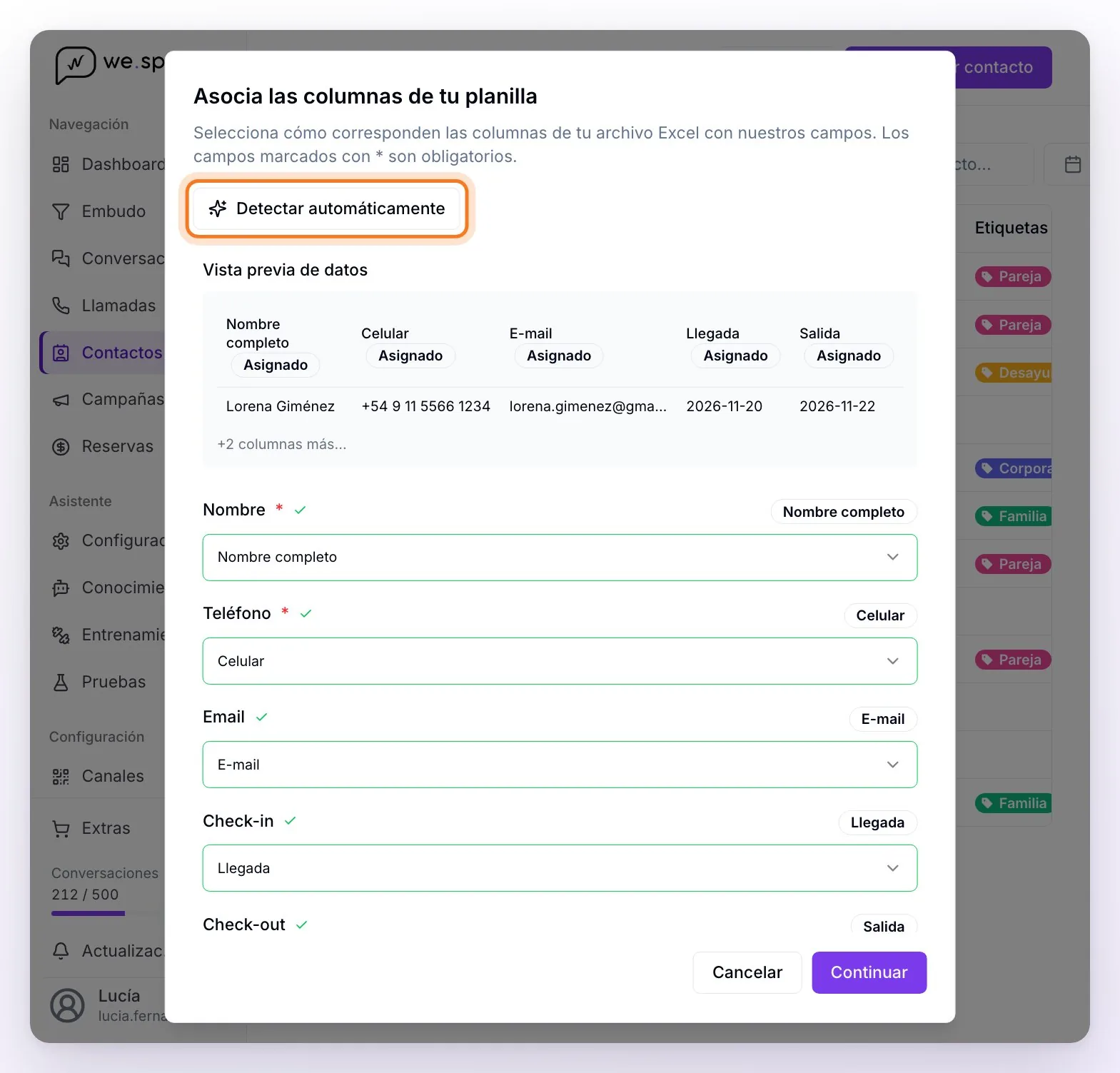 La ventana Asocia las columnas de tu planilla después de Detectar automáticamente: la vista previa de datos con las columnas asignadas y cada campo de WeSpeak con la columna del archivo que le corresponde