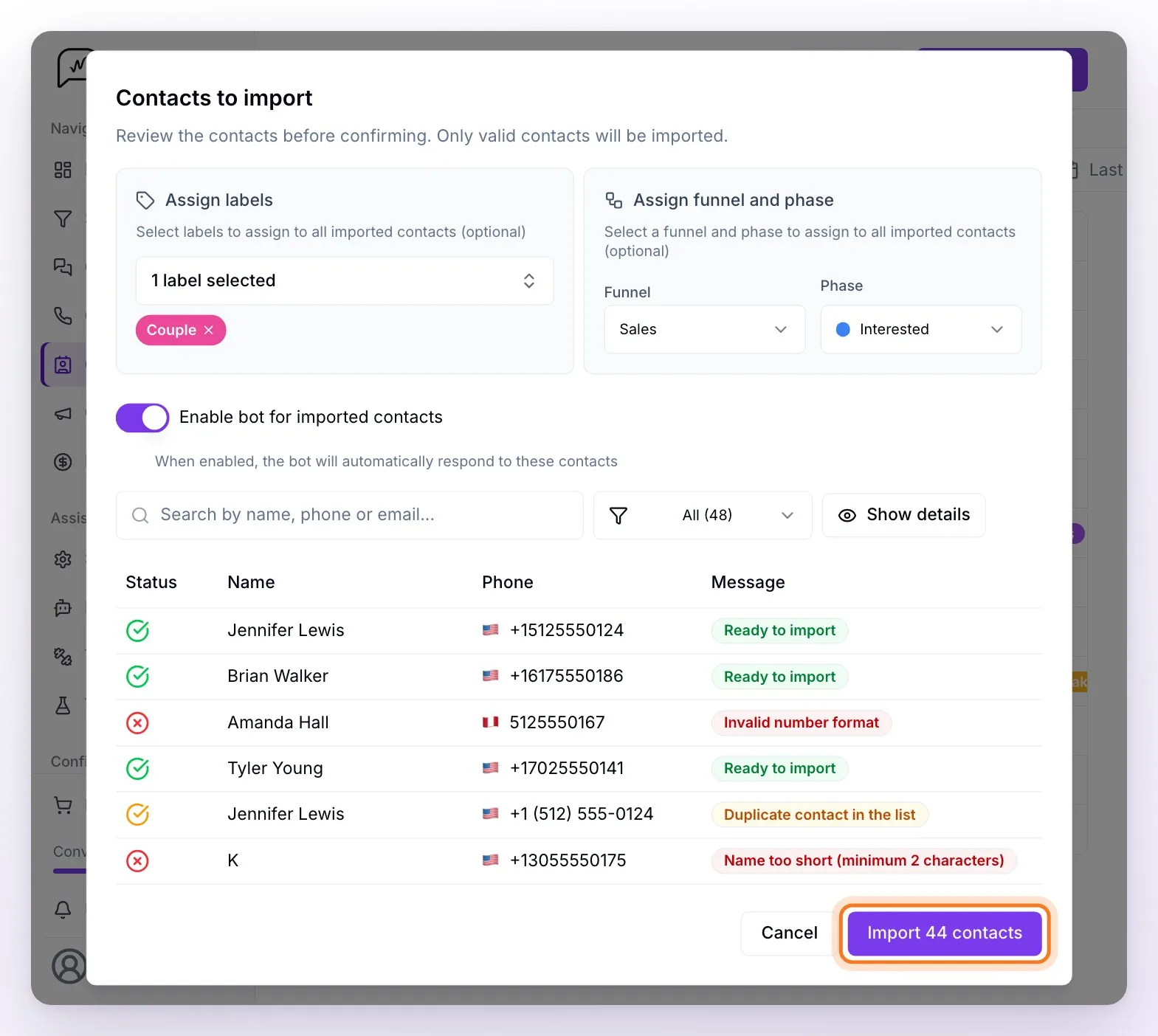 The Contacts to import window: the labels and funnel boxes, the bot toggle and the validation table with rows ready to import, a duplicate and two errors, and the Import 44 contacts button