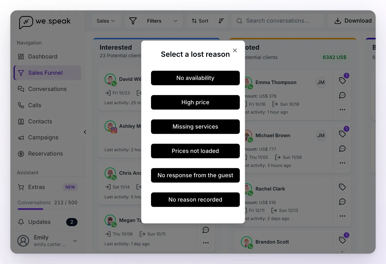 The Select a lost reason dialog over the board, with the six reasons: No availability, High price, Missing services, Prices not loaded, No response from the guest and No reason recorded