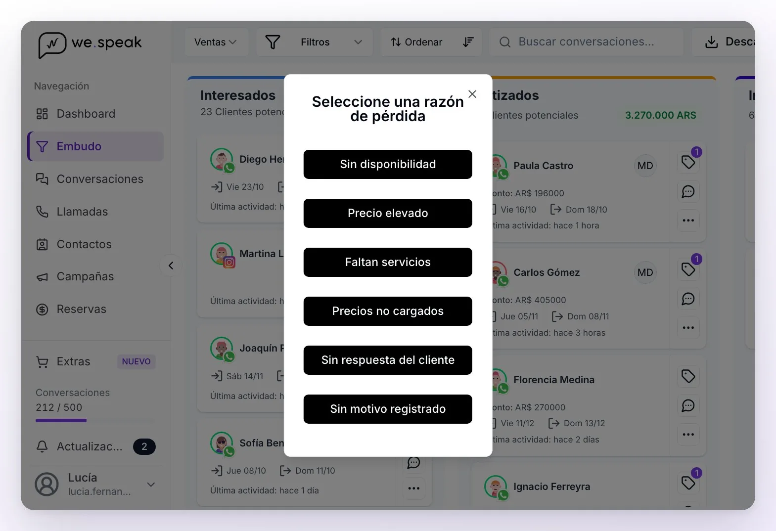 El diálogo Seleccione una razón de pérdida sobre el tablero, con las seis razones: Sin disponibilidad, Precio elevado, Faltan servicios, Precios no cargados, Sin respuesta del cliente y Sin motivo registrado