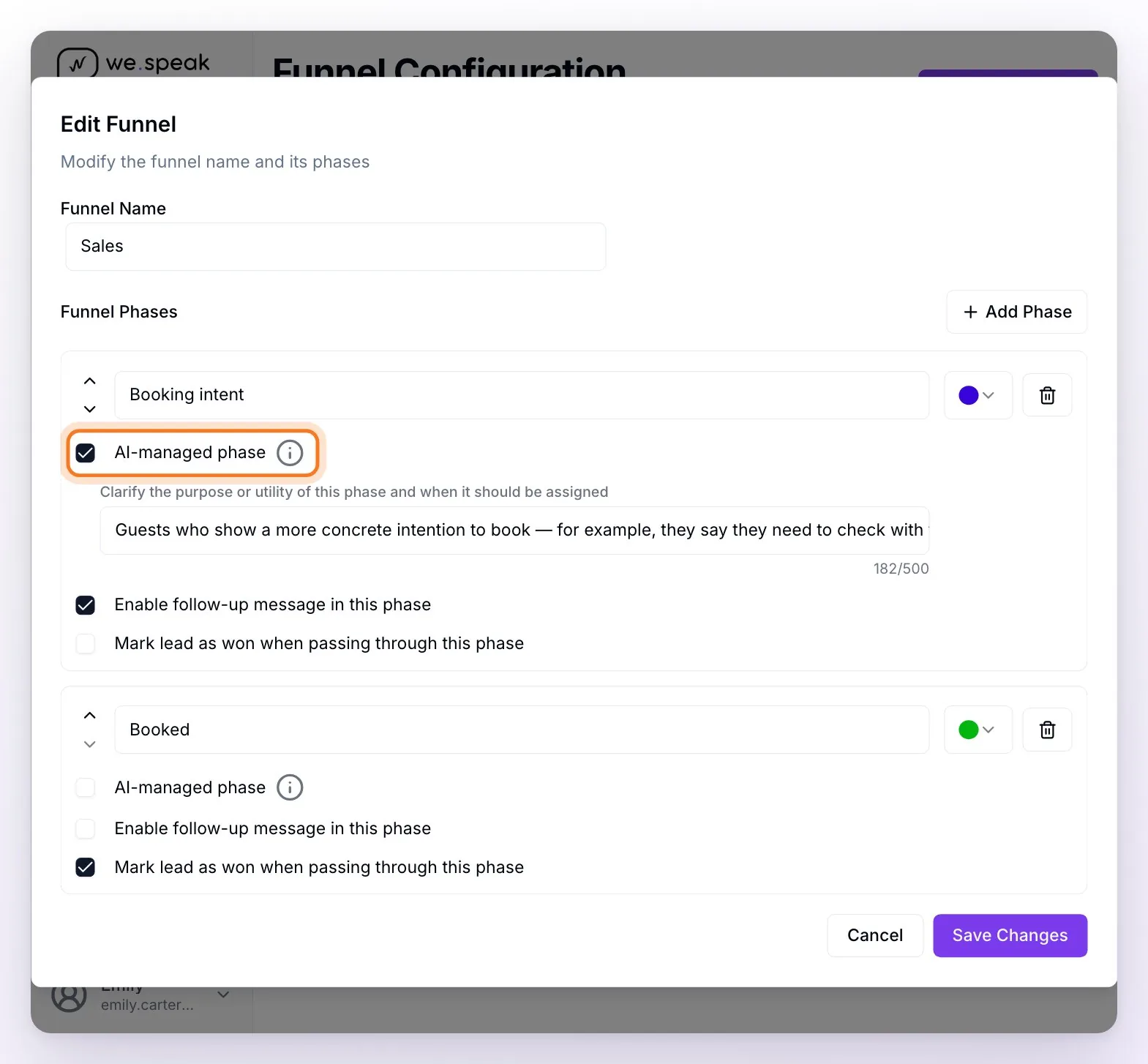 The Edit Funnel window of the Sales funnel: the Booking intent phase with AI-managed phase enabled and its instructions, and the Booked phase with Mark lead as won when passing through this phase