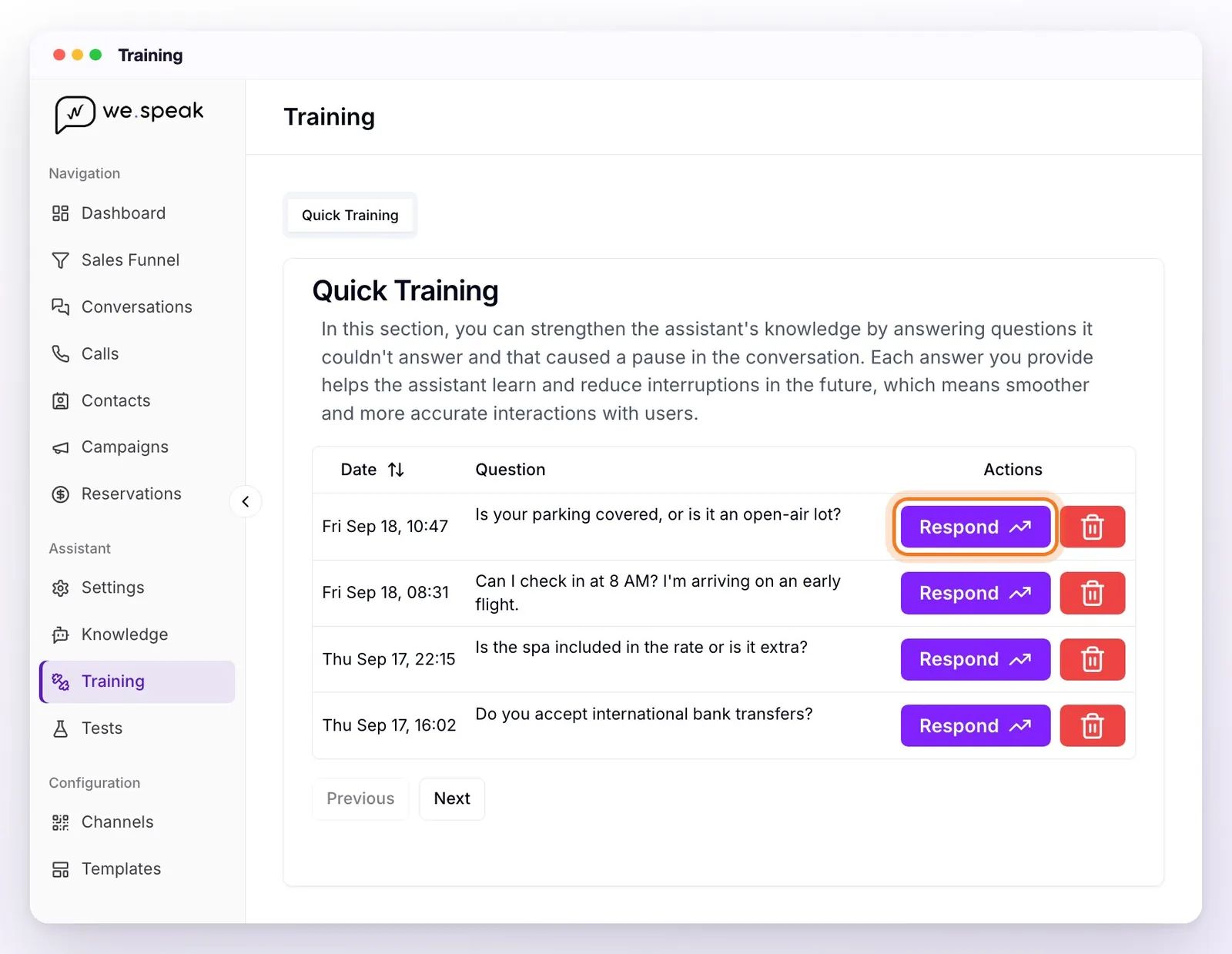 The Training section with the Quick Training tab: the description, the table with the date and question of each pause and, on each row, the Respond and delete buttons; the first Respond highlighted