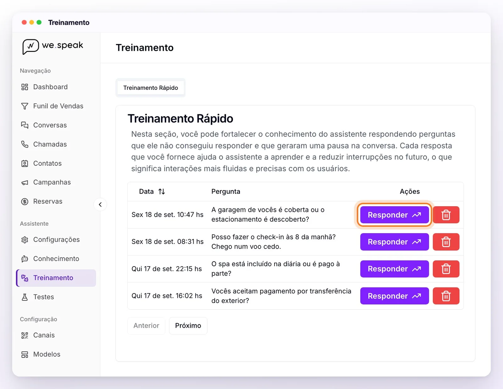 A seção Treinamento com a aba Treinamento Rápido: a descrição, a tabela com a data e a pergunta de cada pausa e, em cada linha, os botões Responder e excluir; o primeiro Responder destacado