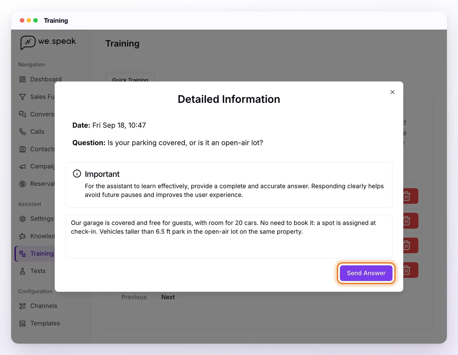 The Detailed Information window: the date and the guest's question, the Important notice, the answer written in the box, and the Send Answer button highlighted
