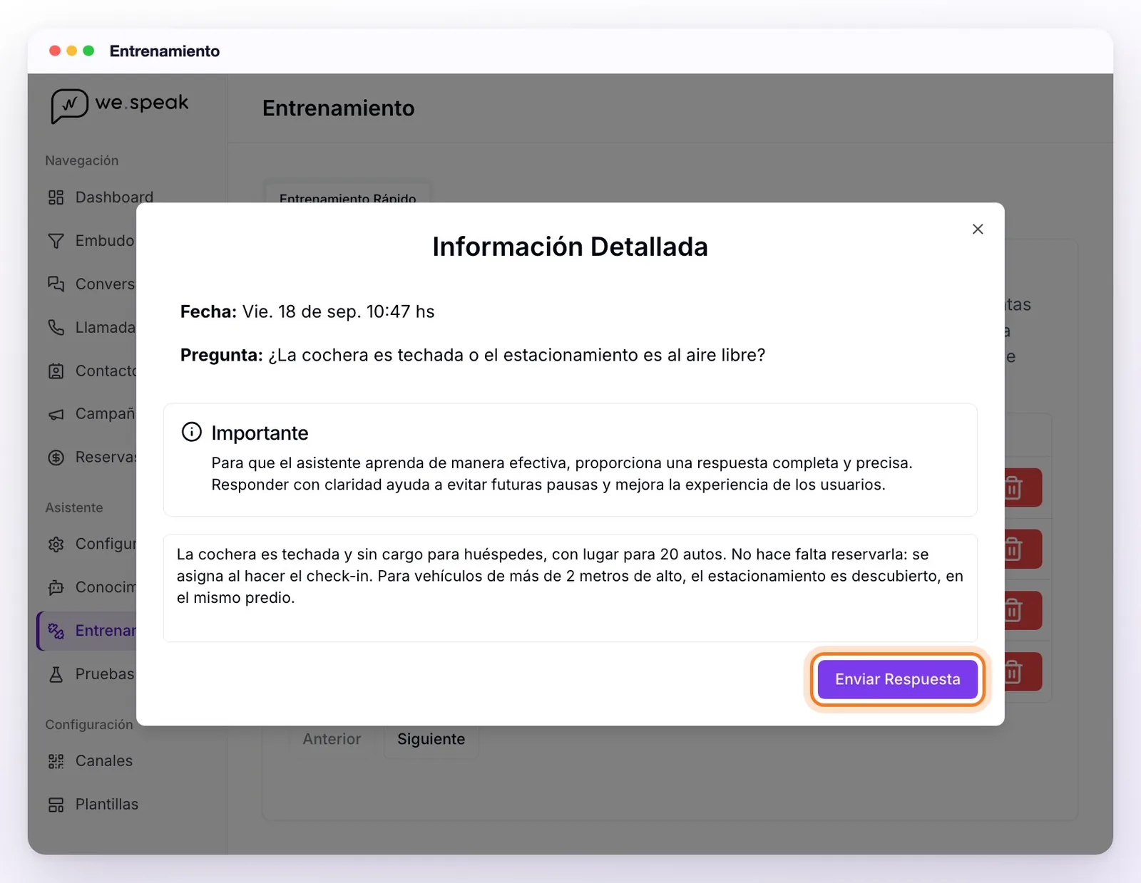 La ventana Información Detallada: la fecha y la pregunta del huésped, el aviso Importante, la respuesta escrita en el cuadro y el botón Enviar Respuesta señalado