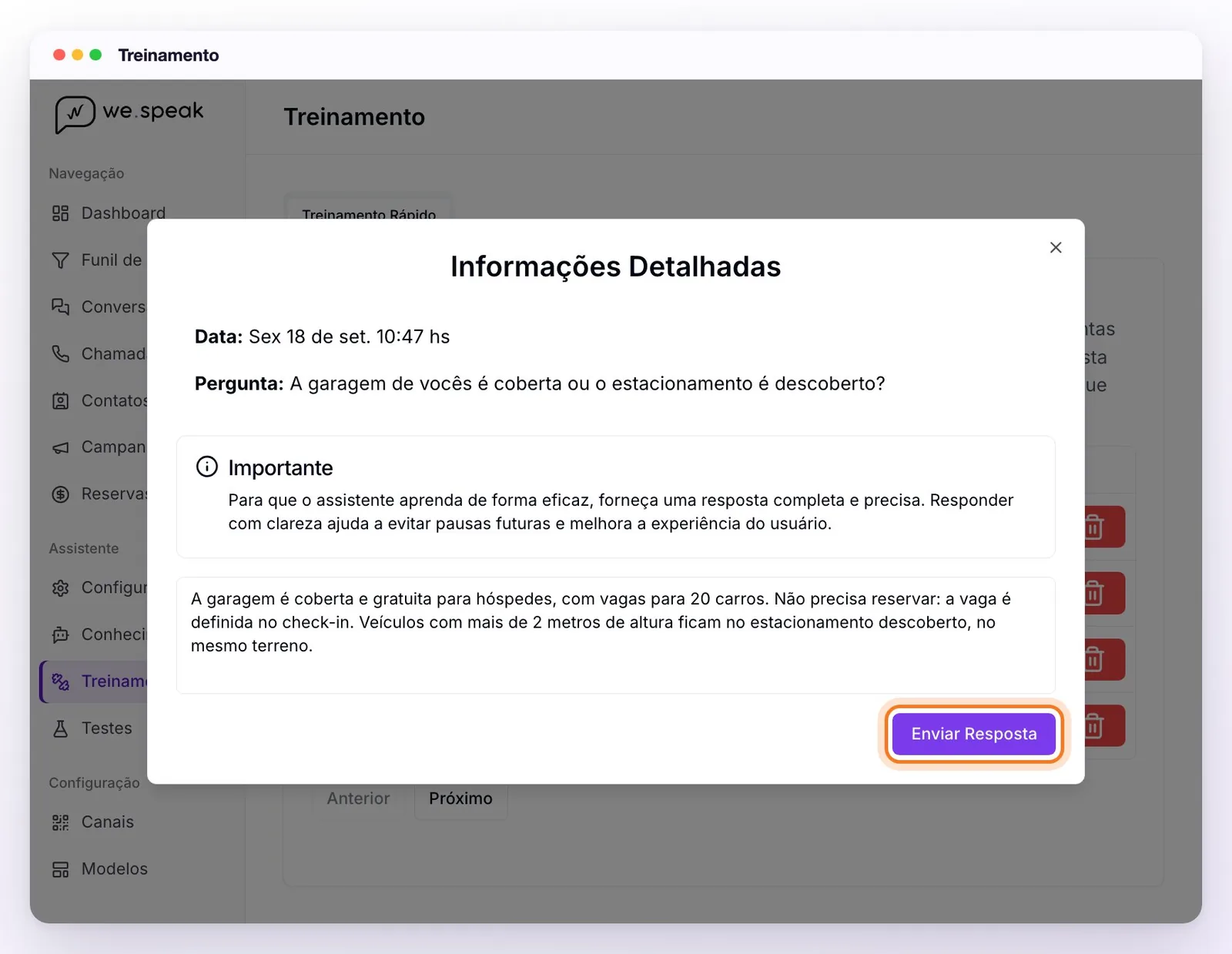 A janela Informações Detalhadas: a data e a pergunta do hóspede, o aviso Importante, a resposta escrita no quadro e o botão Enviar Resposta destacado