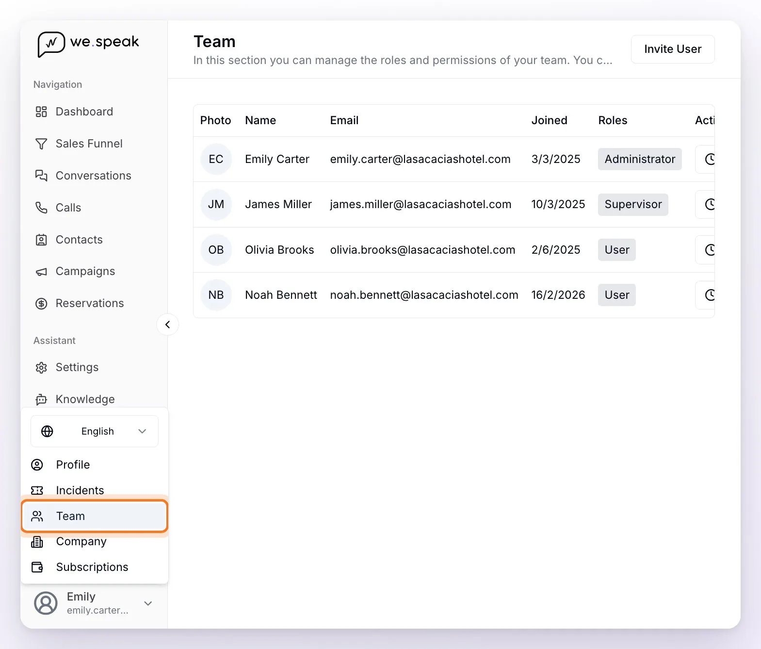 The Team page with the team table and, at the bottom left, the user menu open with the Team option highlighted