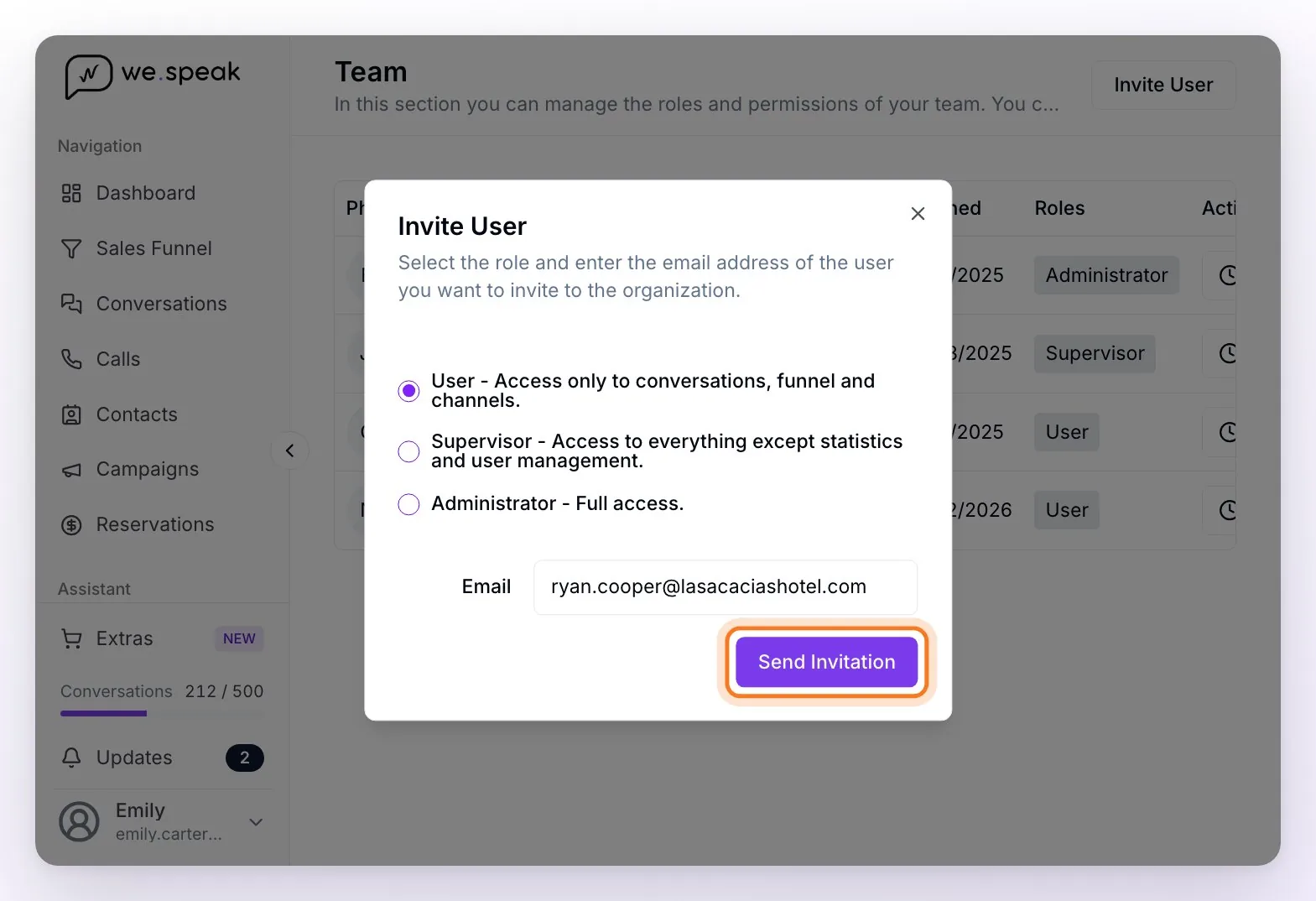 The Invite User window with the User role chosen, the person's email typed in and the Send Invitation button highlighted