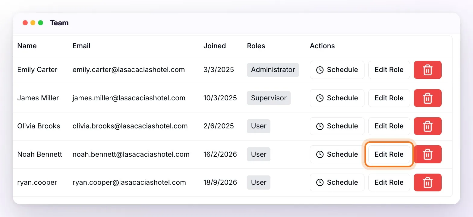 The Team table with the Name, Email, Joined, Roles and Actions columns: each row with the Schedule and Edit Role buttons and the red delete button, and Edit Role highlighted in one of them; the last row is a person who was just invited and still shows up with the first part of their email