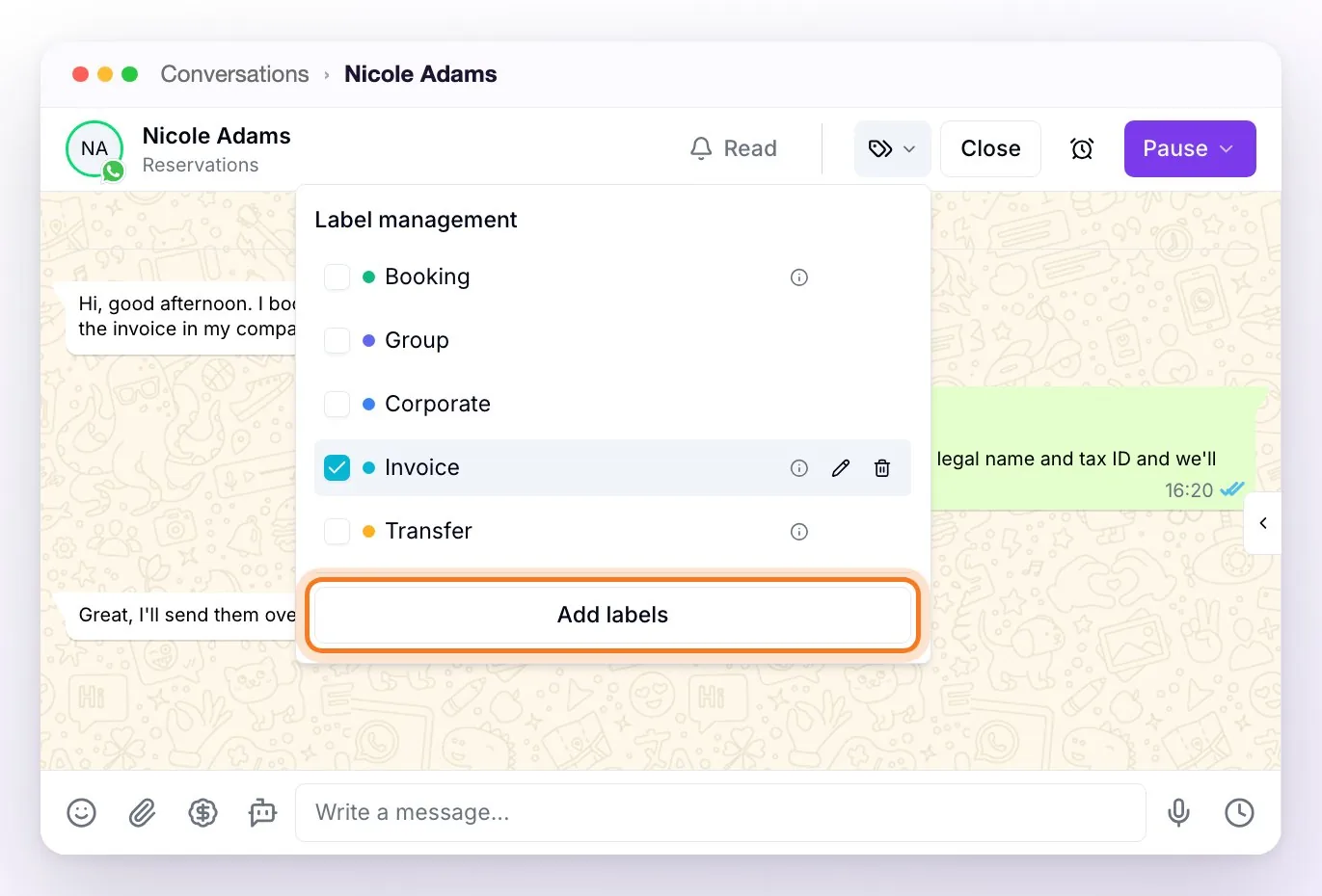 The header of a conversation with the Label management menu open: the list of labels with their checkboxes, the Invoice label checked with the buttons to edit and delete it, and at the bottom the Add labels button highlighted