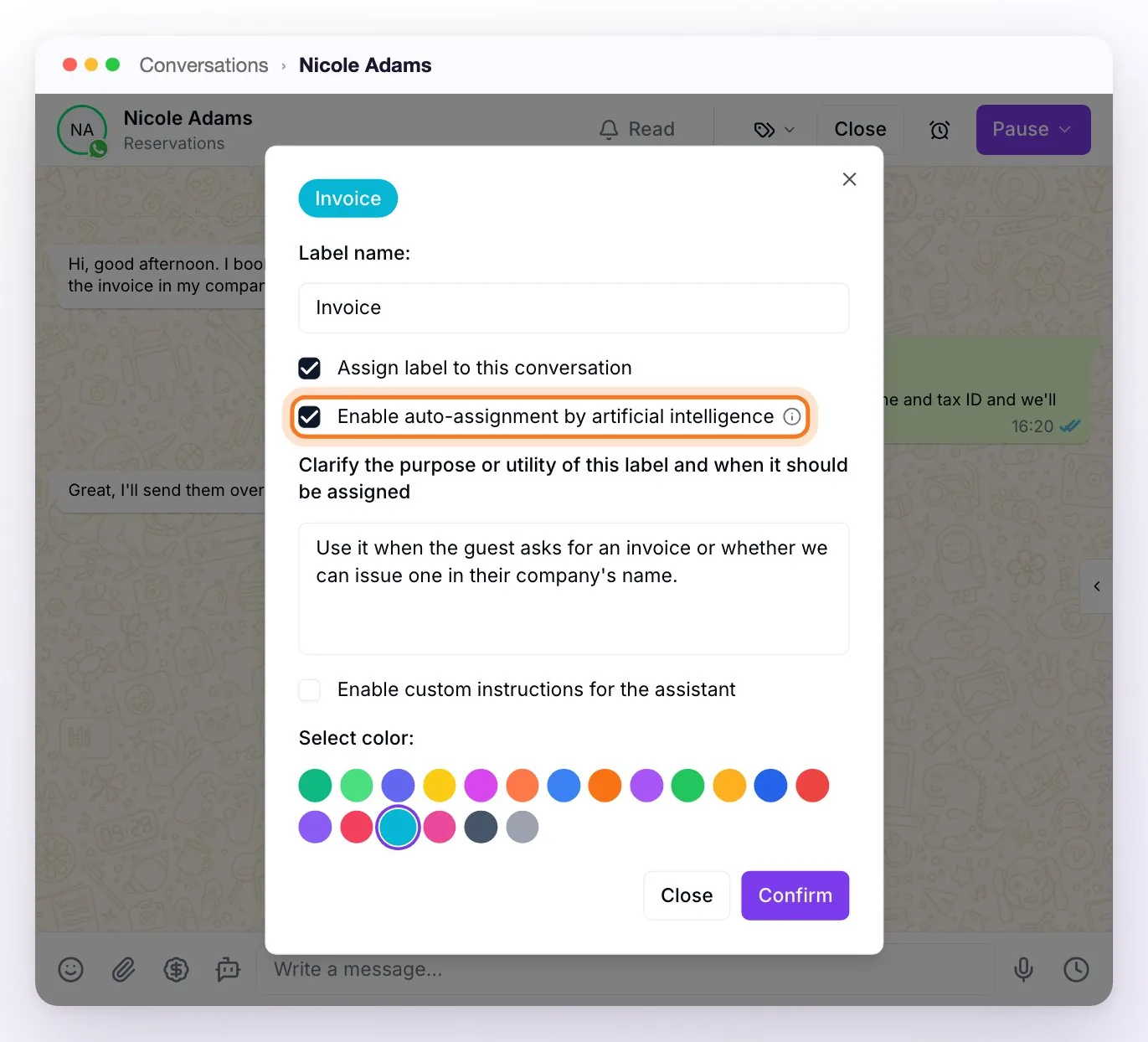 The window to create the Invoice label: the name, Assign label to this conversation checked, Enable auto-assignment by artificial intelligence checked and highlighted, the description of when to use it, custom instructions unchecked, the chosen color, and the Close and Confirm buttons