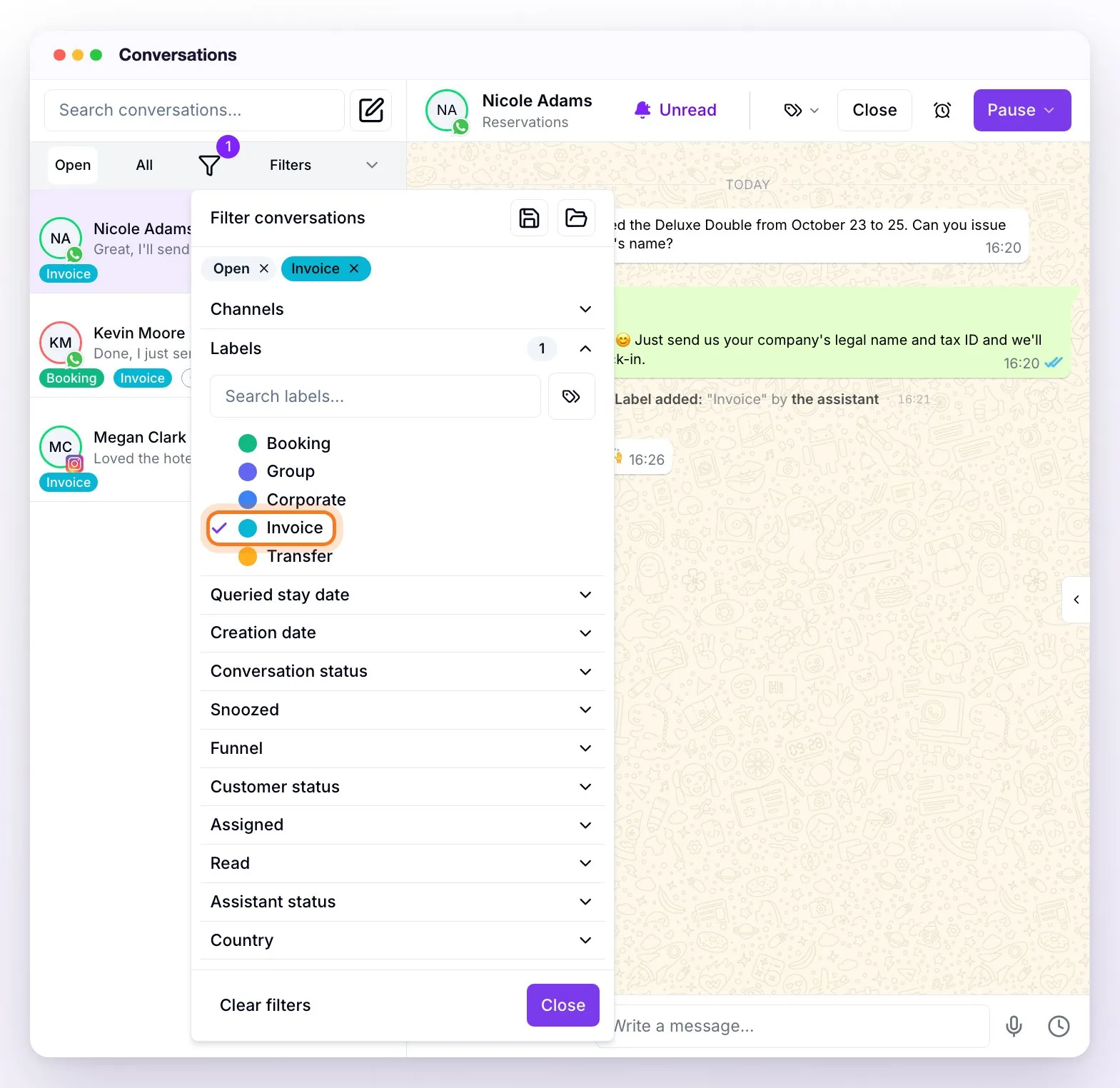 The conversation list filtered by the Invoice label: the Filter conversations panel with Labels expanded, the Invoice checkbox checked and highlighted, and on the left the three conversations that have that label