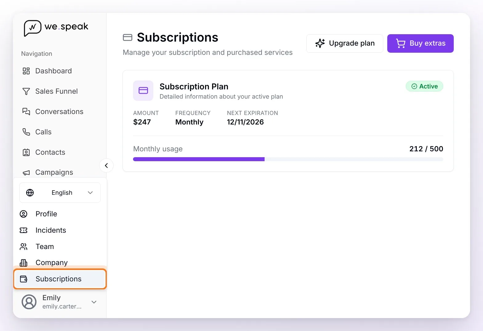 The Subscriptions page with the active Subscription Plan and, at the bottom left, the user menu open with the Subscriptions option highlighted