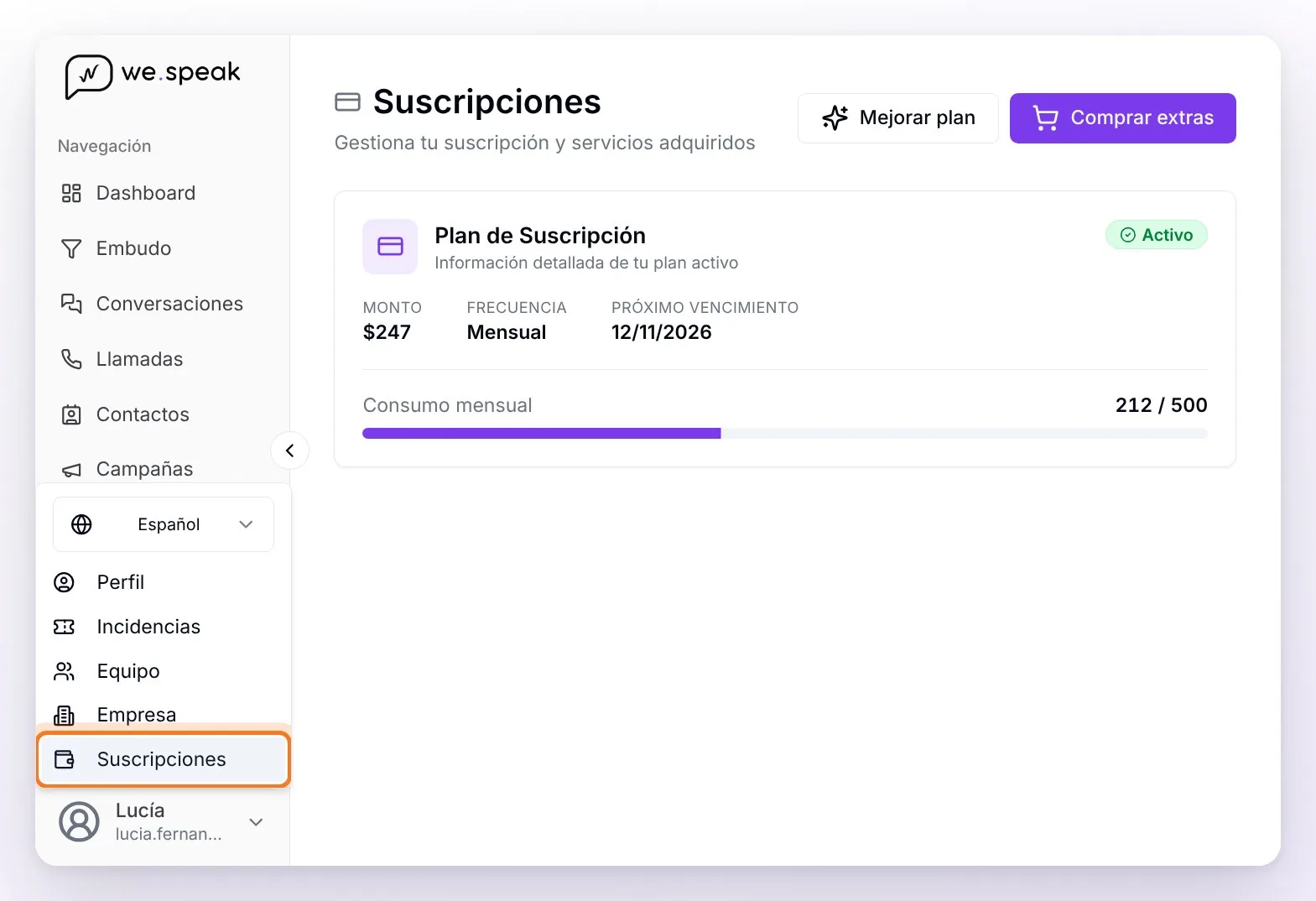 La página Suscripciones con el Plan de Suscripción activo y, abajo a la izquierda, el menú de usuario abierto con la opción Suscripciones señalada